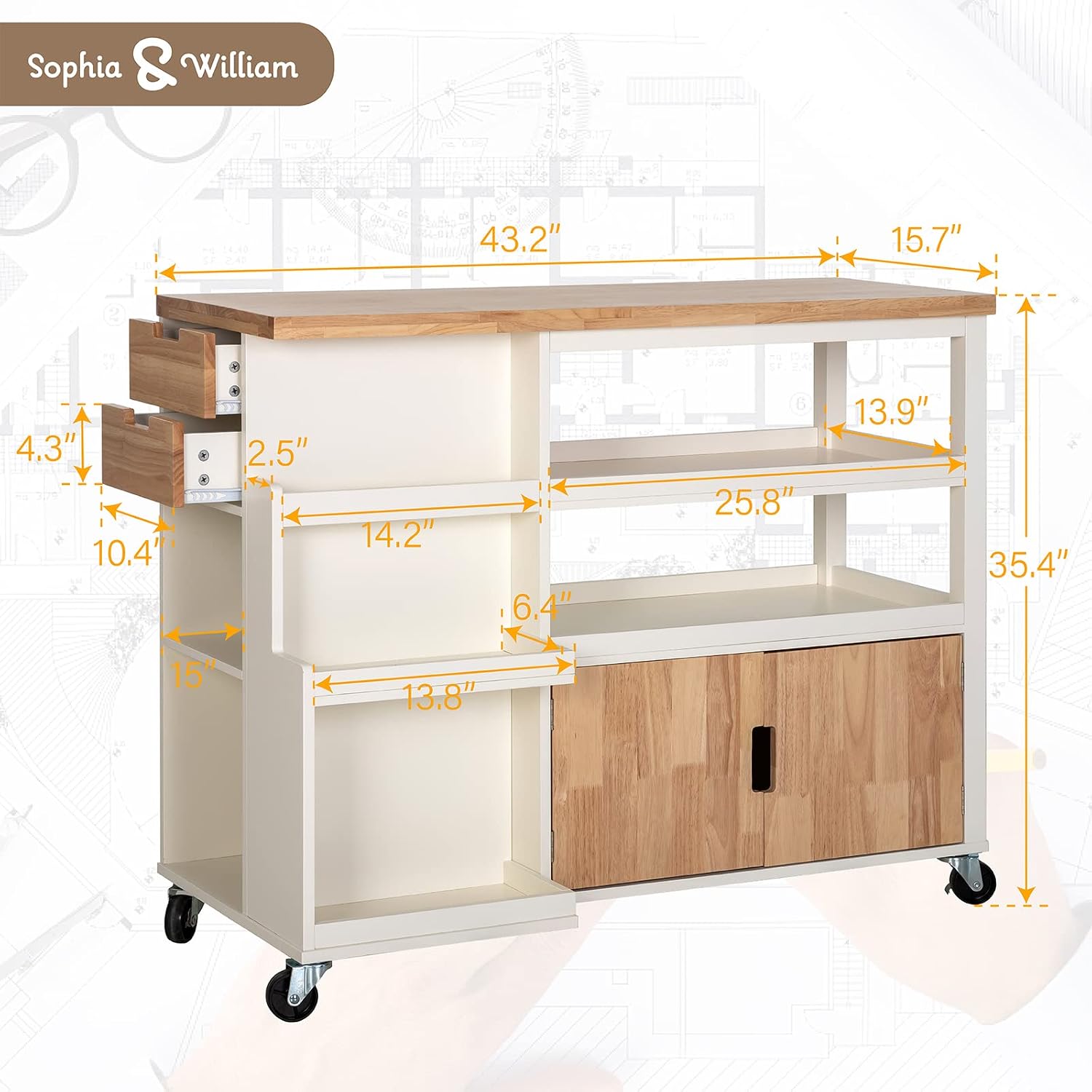 Sophia & William Kitchen Island Cart on Wheels, Rolling Kitchen Trolley with Rubber Wood Tabletop, Storage Drawers, Cabinet and Open Shelves