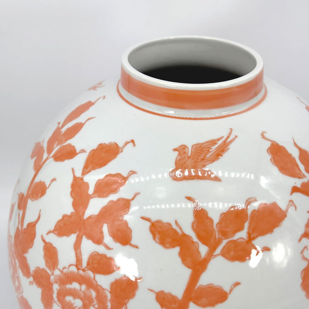Galt International Orange & White Ceramic Floral Chinoiserie Globe Vase 12' Dia. - Round Bulb Shape Flower Vase Jar Classic Antique Home Decor