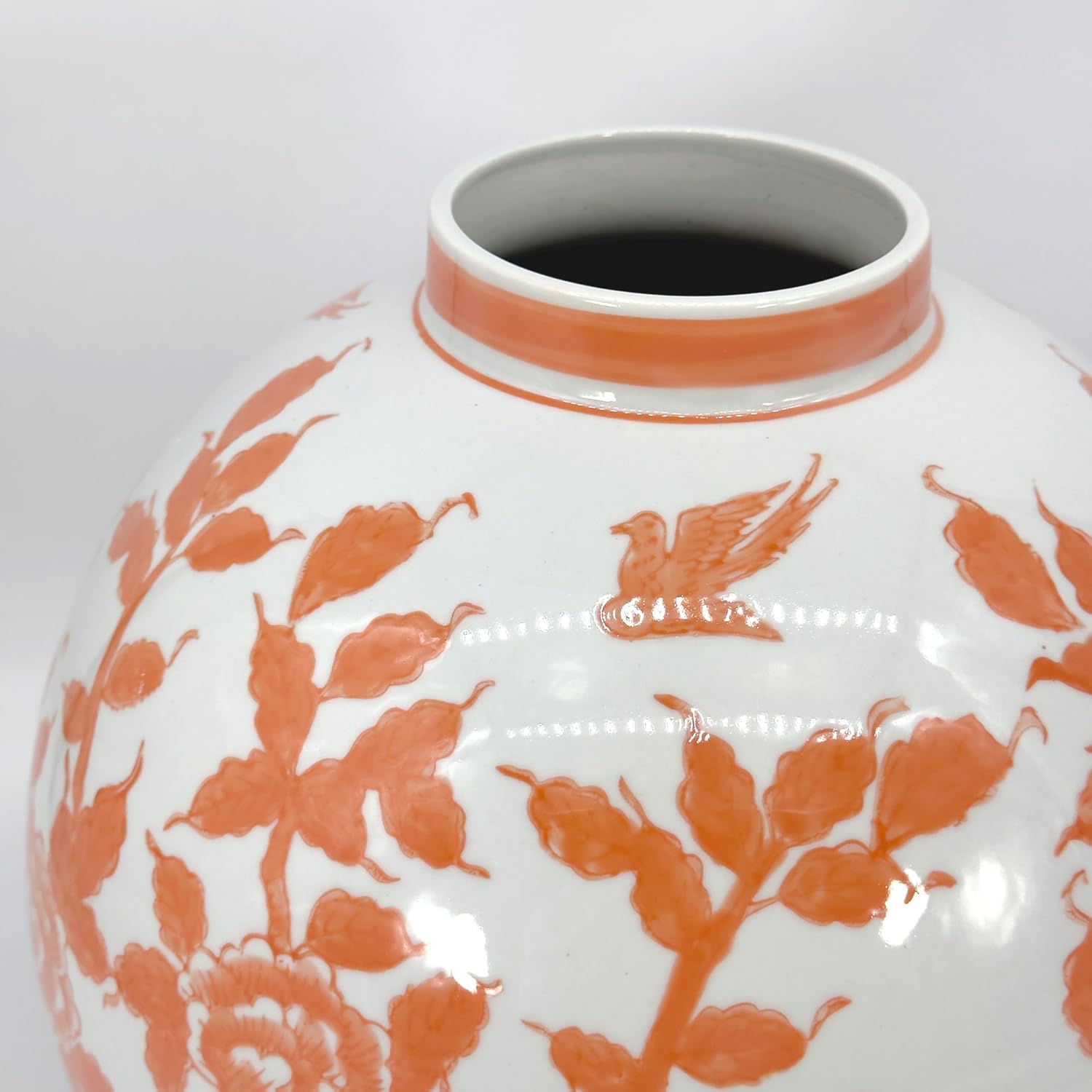 Galt International Orange & White Ceramic Floral Chinoiserie Globe Vase 12' Dia. - Round Bulb Shape Flower Vase Jar Classic Antique Home Decor