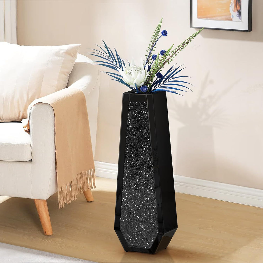 30' Tall Crushed Diamond Floor Vase, Black Large Vases for Decor Living Room, Crystal Mirrored Home Decor Vases for Dried Flower