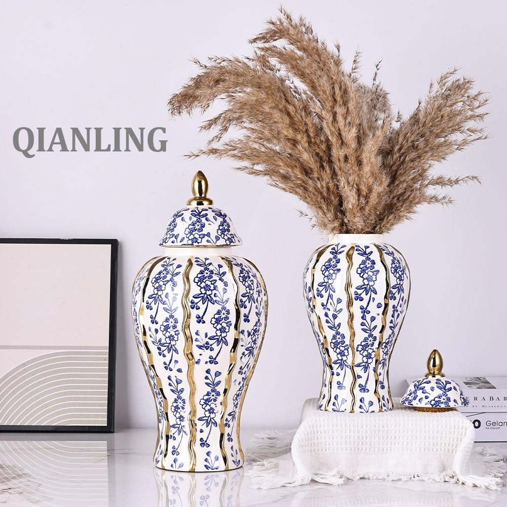 18.1in White and Gold Blue Luxury Ceramic Ginger Jar with Lid - Modern Geometry Decorative Vase for Home Decor, Living Room, Kitchen, Dining Table, Cabinet Decor, Storage