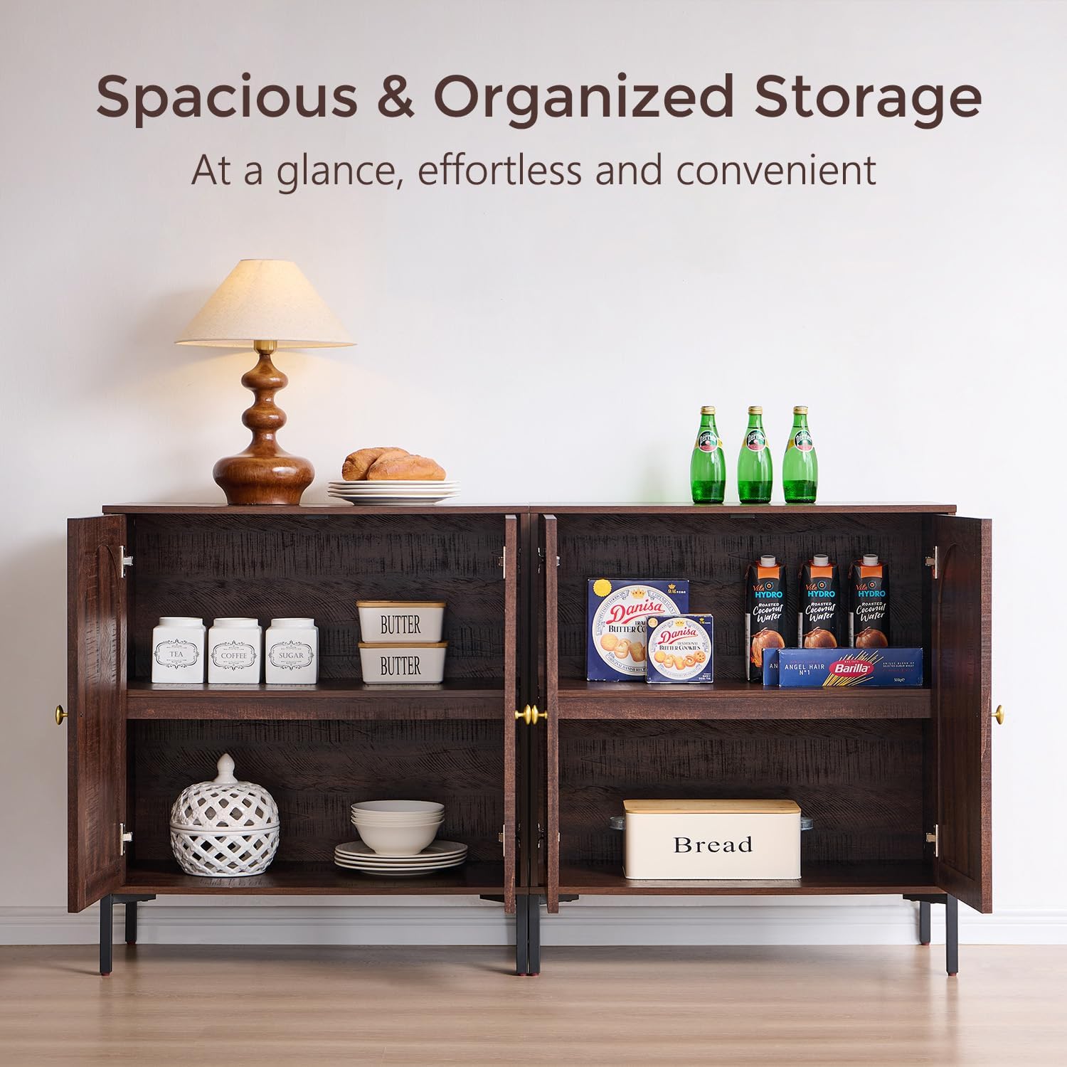 IFGET Modern Buffet Cabinet with Storage, 92.63' W Fluted Arched Sideboard Cabinet w/Adjustable Shelves, Wooden Modular Coffee Bar for Dining Room, Kitchen, Living Room, Entryway, Brown