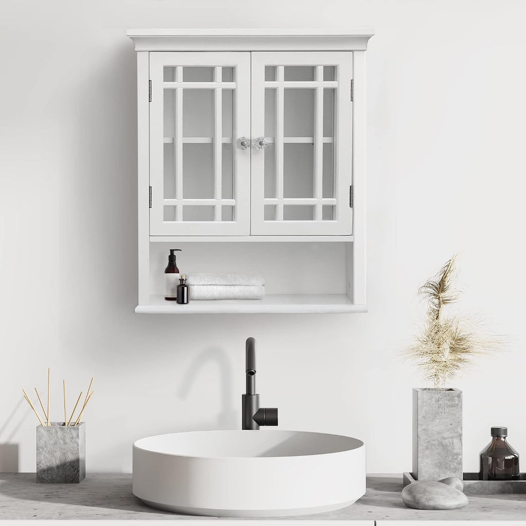 Teamson Home Neal Wooden Over The Toilet Bathroom Removable Wall Medicine Cabinet with 1 Fixed and 1 Adjustable Shelf 3 Storage Spaces 2 Glass Mosaic Doors and Crystal-Cut Acrylic Knobs, White