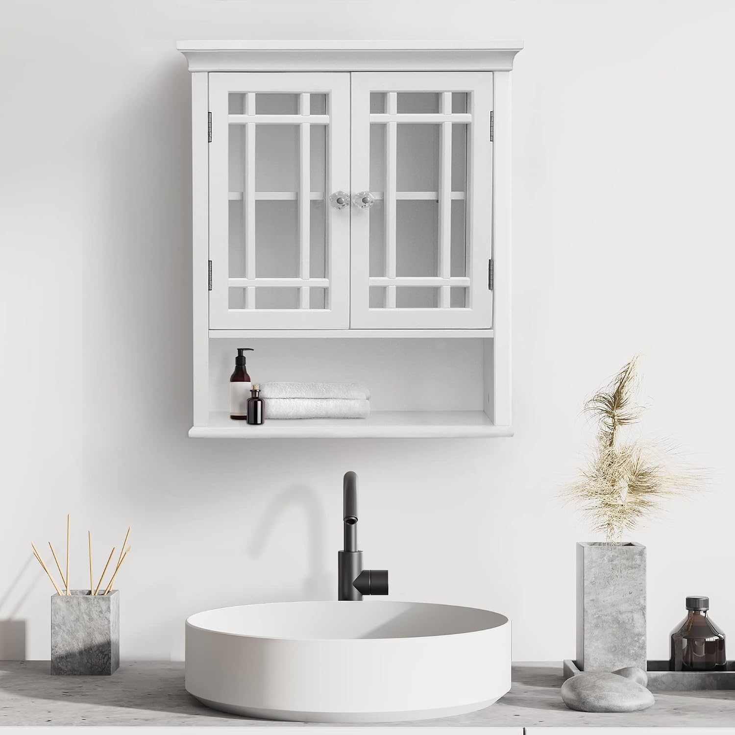 Teamson Home Neal Wooden Over The Toilet Bathroom Removable Wall Medicine Cabinet with 1 Fixed and 1 Adjustable Shelf 3 Storage Spaces 2 Glass Mosaic Doors and Crystal-Cut Acrylic Knobs, White
