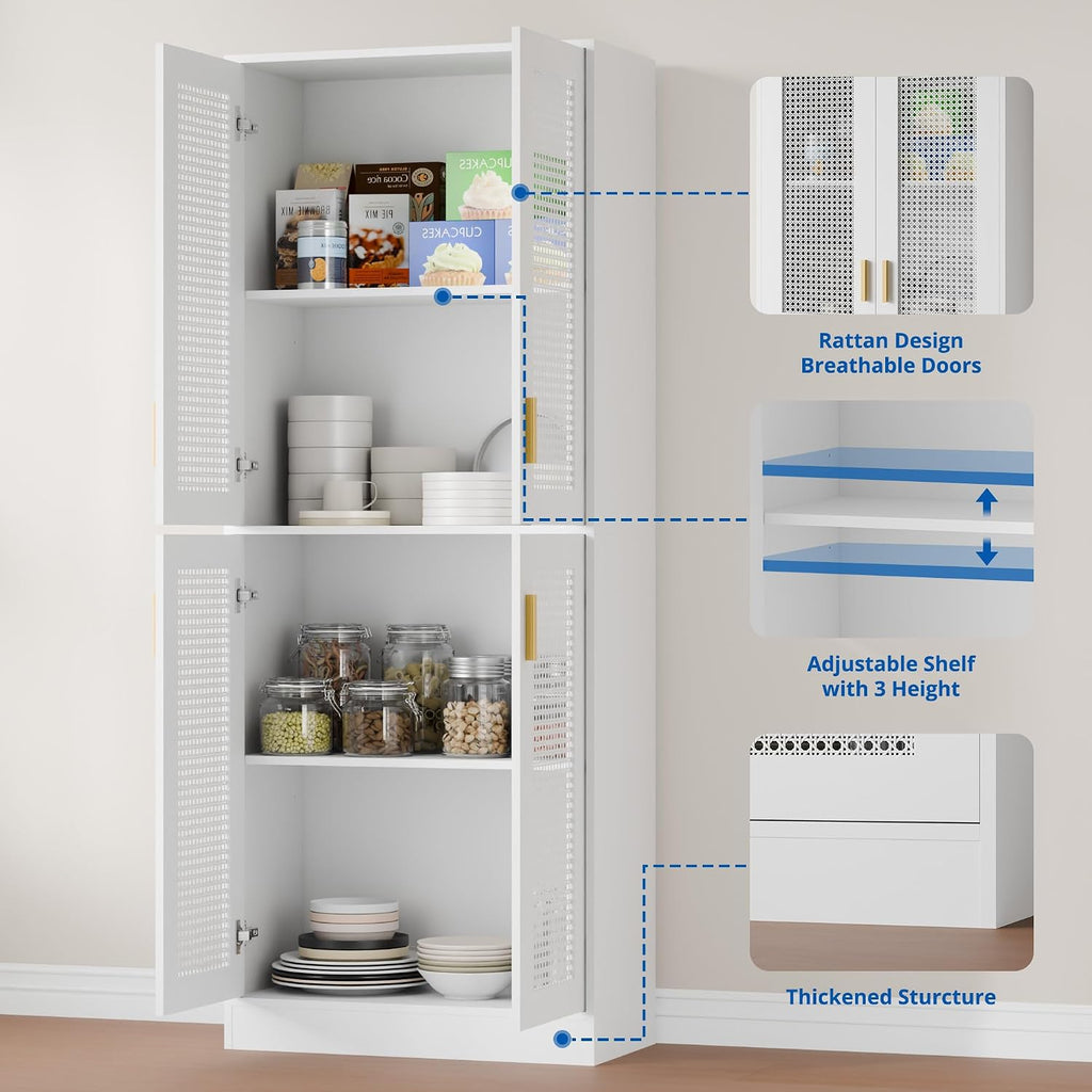 Cozy Castle Kitchen Pantry Cabinet, 71' Tall Rattan Doors Storage Cabinet and Adjustable Shelves, Modern Farmhouse Wood Cupboard Utility Hutch for Kitchen, Dining Room, Living Room (White)