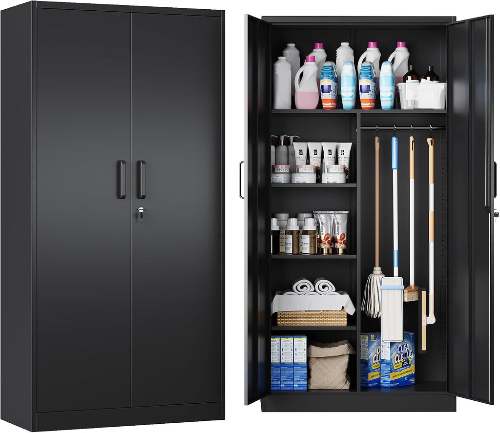 Broom Closet with Lock, Metal Storage Cabinet 36' Wide, 5-Tier Steel Utility Cabinet with Hanging Rod & Doors for Garage, Laundry Room, Warehouse Storage