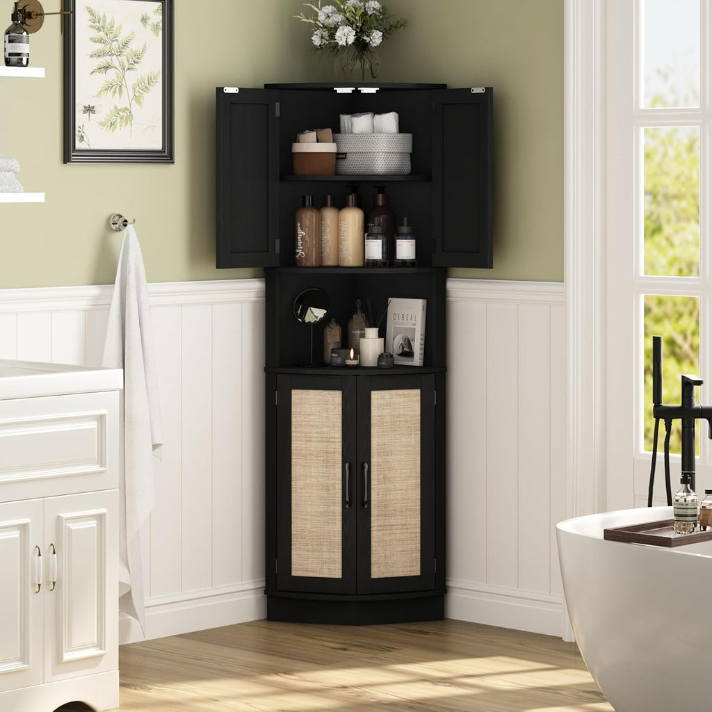 HOKYHOKY Tall Corner Cabinet, 64.7' Rattan Corner Storage Cabinet with 4 Doors and 5 Storage Shelves, Farmhouse Space Saver, Boho Shelf for Living Room, Kitchen, Bathroom, Office, Rustic Black