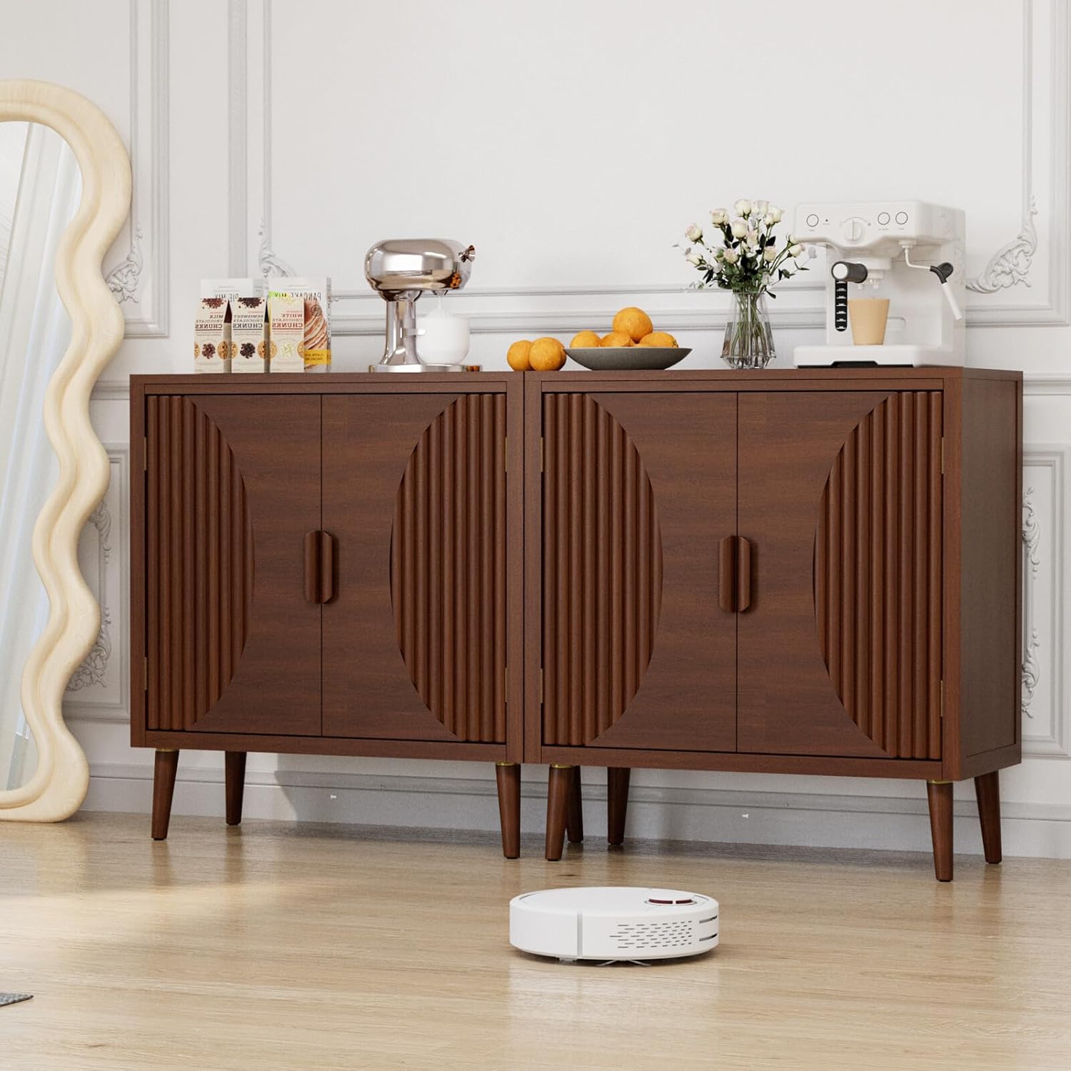 COSIEST 30' W Storage Cabinet with Doors and Shelves, Mid-Century Cabinet with Adjustable Shelf, Accent Sideboard for Kitchen, Dining Room, Living Room, or Hallway (Brown, Line Pattern)