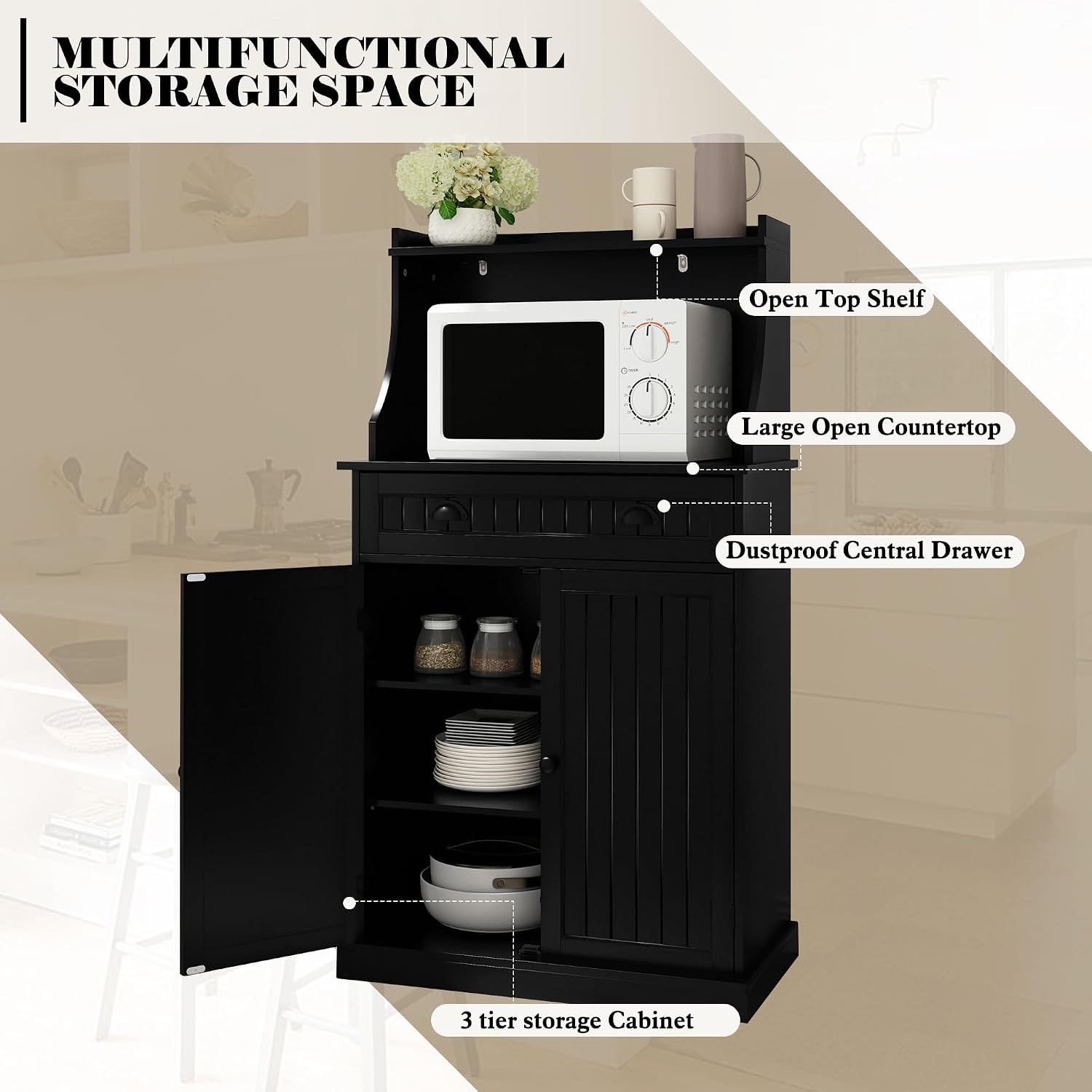 ARTPOWER 54' Kitchen Microwave Cabinet/Stand with Storage and Drawers, Pantry Storage Cabinet with Hutch & Adjustable Shelves for Kitchen, Dining Room, Living Room, Hallway in Black