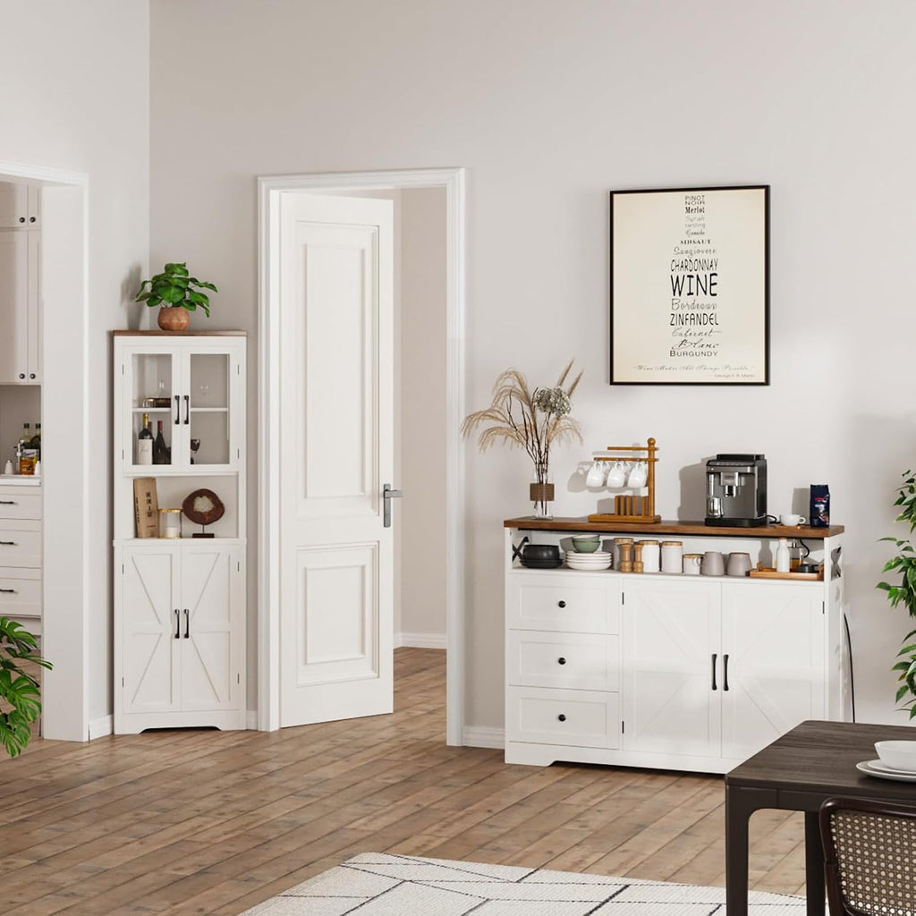 47' Antique White Storage Cabinet with Doors and Drawers, Farmhouse Sideboard Buffet Cabinet with Storage, Kitchen Pantry Hutch, Coffee Bar Station Table for Kitchen, Livingroom, Dining Room