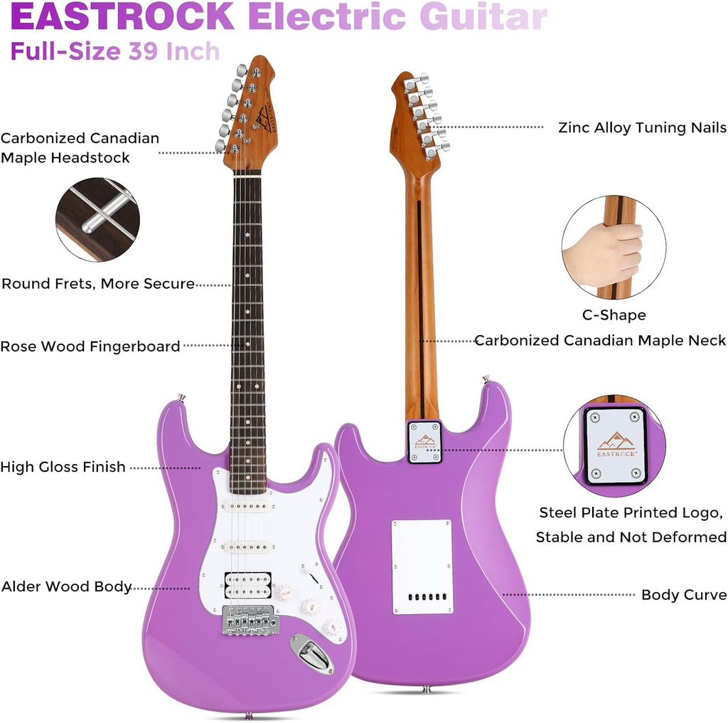 EASTROCK Electric Guitar 39' Full Size Solid Body Electric Guitar Kit for Beginner Girls & Adults with 10w Amp, Bag, Capo, Shoulder Strap, String, Cable, Picks, (Right-Handed, Purple)
