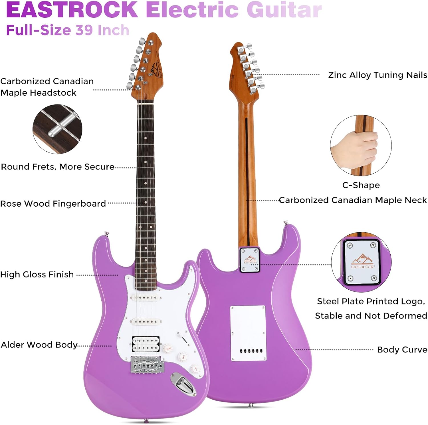 EASTROCK Electric Guitar 39' Full Size Solid Body Electric Guitar Kit for Beginner Girls & Adults with 10w Amp, Bag, Capo, Shoulder Strap, String, Cable, Picks, (Right-Handed, Purple)