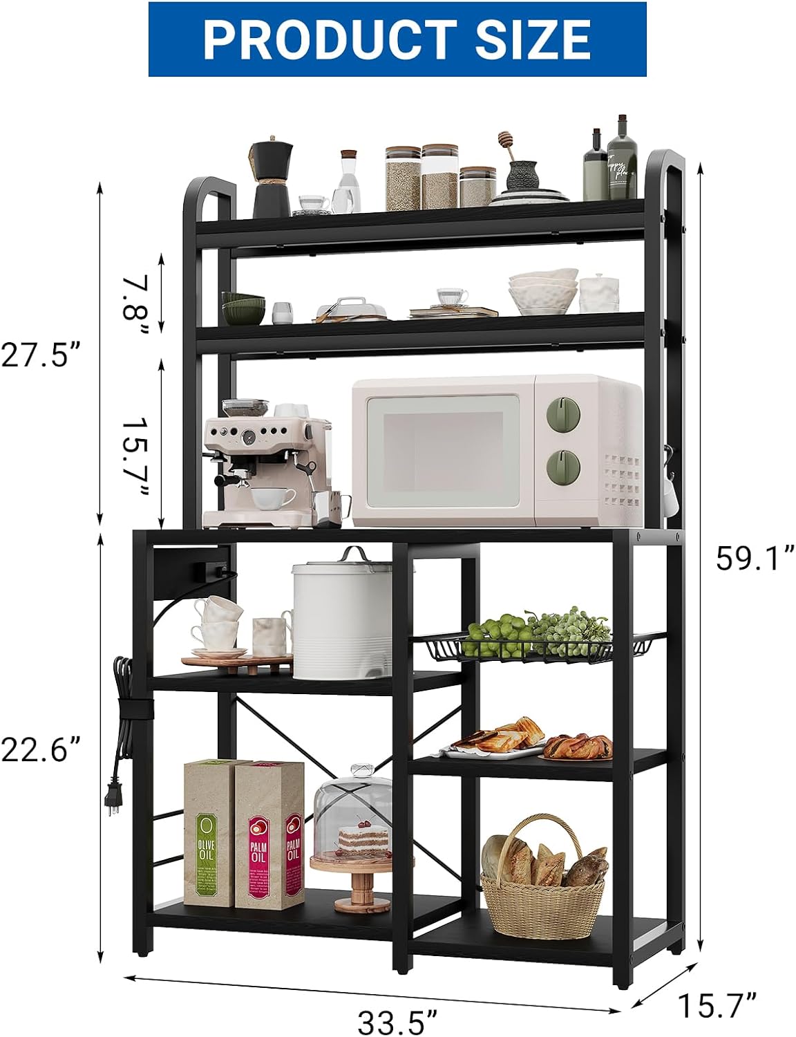 IDEALHOUSE Bakers Rack with Power Outlet, 6-Tier Coffee Bar Station with Wire Drawer, Industrial Microwave Stand, Kitchen Standing Bakers Racks with Large Storage, Hutch, Retro Black