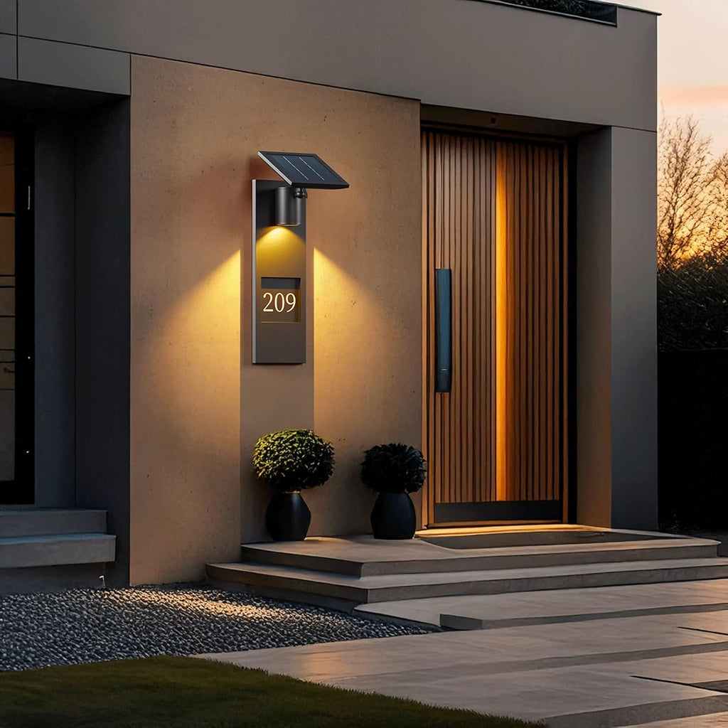 Modern Outdoor LED Solar Wall Light, Black Stainless Steel Address House Number Sconce Lamp, IP65 Waterproof Exterior Mounted Fixture Dusk to Dawn for Villa, Garden, Patio, Porch, Entry