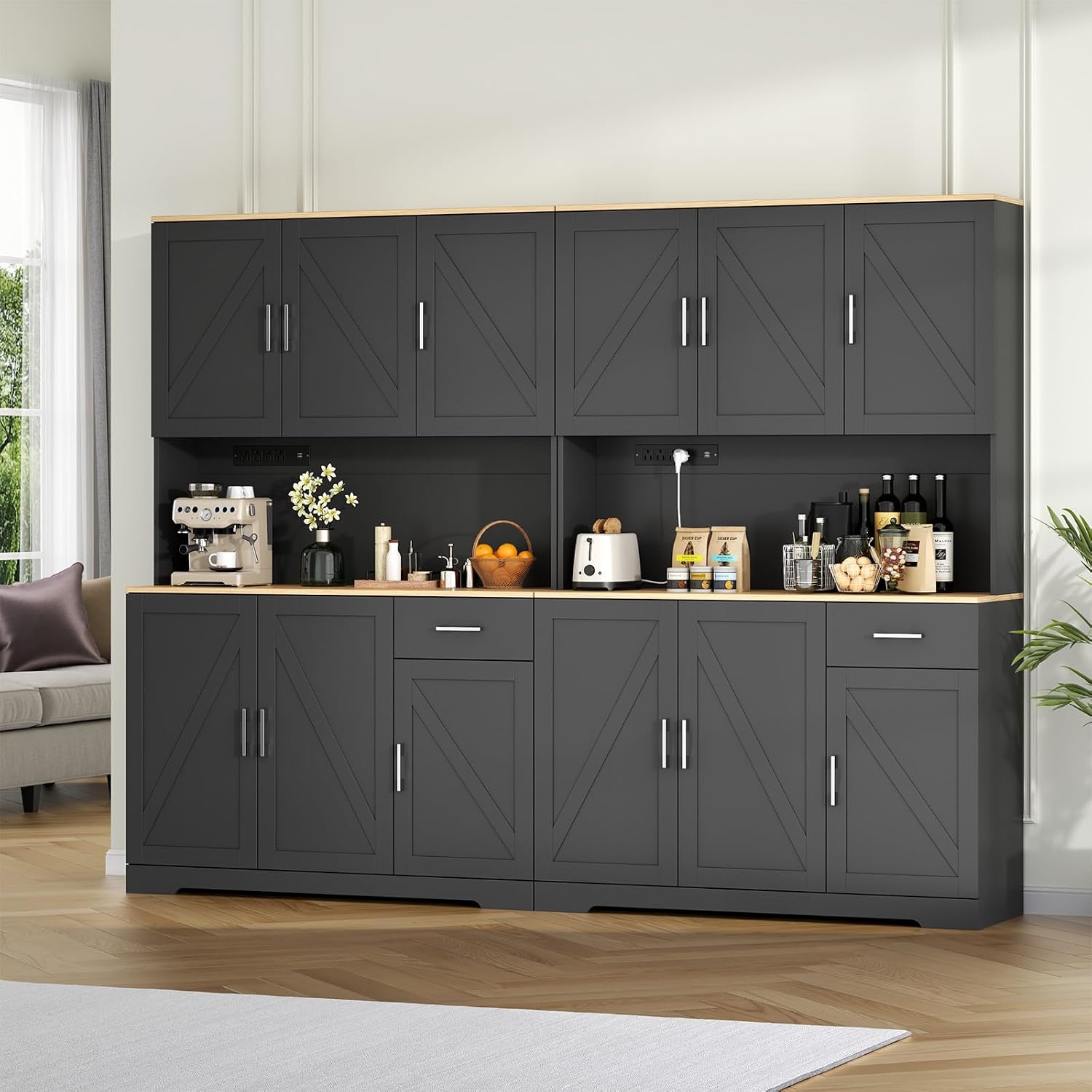 Gyfimoie 71'' Farmhouse Kitchen Pantry Cabinet, Tall Storage Cabinet with Power Outlet, Freestanding Hutch with Drawer, 4 Adjustable Shelf & 6 Doors for Kitchen Living Room (Black)