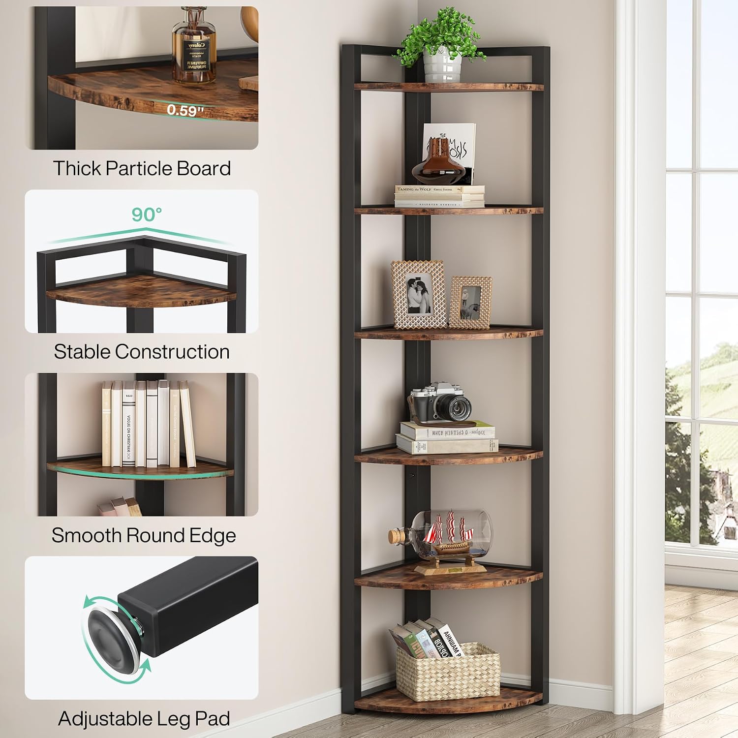 TRIBESIGNS WAY TO ORIGIN Corner Shelf, 70.9 Inch Tall Corner Bookshelf, 6 Tier Ladder Shelf with Metal Frames Multifunctional Modern Bookcase for Living Room, Home Office, Kitchen, Small Space (Brown)