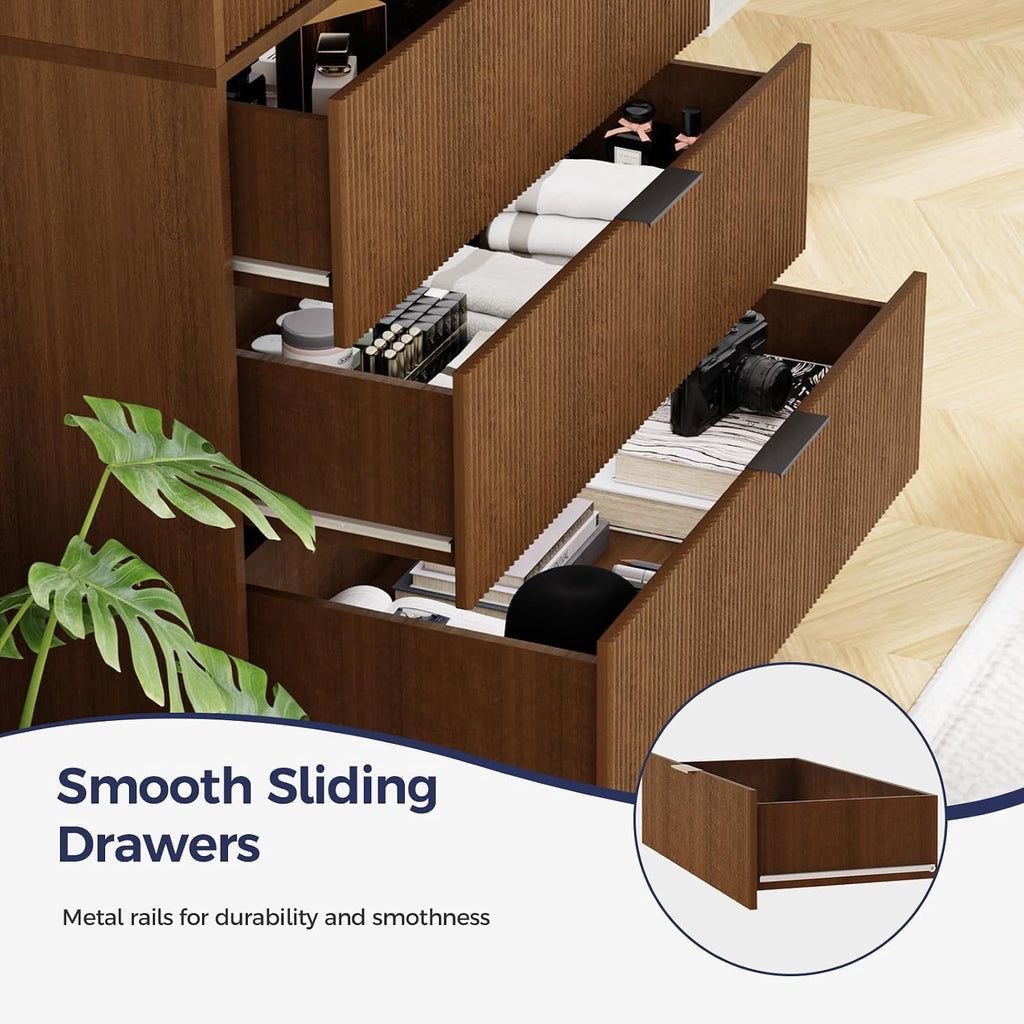 Tall Storage Cabinet, Kitchen Pantry Cabinet with Adjustable Shelves & Fluted Panel Design, Wood Cupboard with 3 Drawers 2 Doors, Tall Home Cupboard for Living Room, Kitchen, Walnut