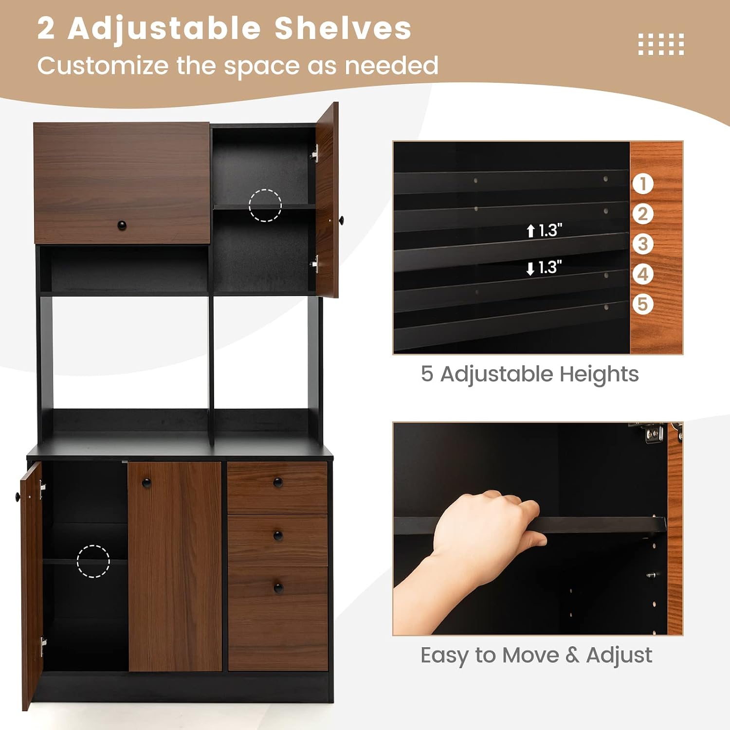Giantex Kitchen Pantry, Buffet Hutch with 3 Storage Cabinet, 71'' Floor Large Cupboard with 3 Deep Drawers, Wide Countertop, Adjustable Shelves, Tall Sideboard (Walnut)