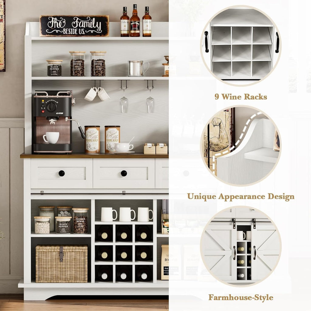 REVOMINCA 63 Inch Tall Coffee Bar Cabinet with 3-Tier, Kitchen Hutch with 3 Large Drawers, Farmhouse Coffee Bar with 9 Wine Racks & 3 Glass Holders, Wine Storage Cabinet for Living Dining Room, White