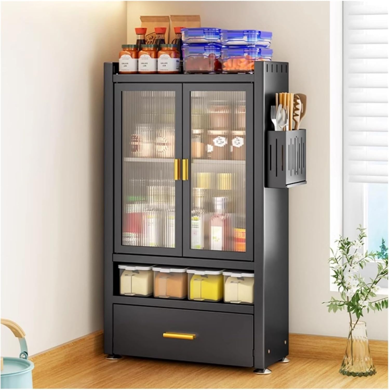 Kitchen Countertop with Drawers Dish Cabinet, Spice Rack, Dual Door Design, Multifunctional Kitchen Storage Cabinet(Small)