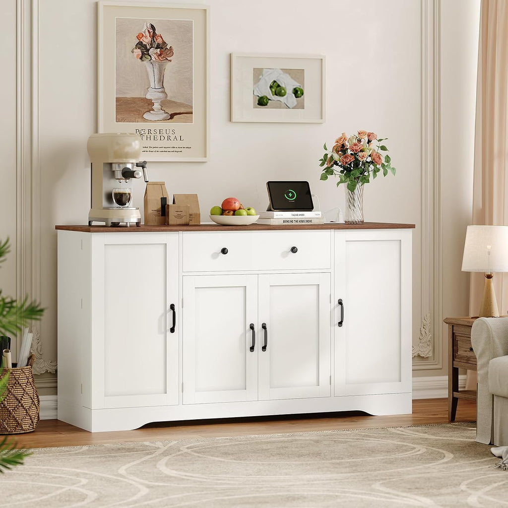Brinlawb Buffet Cabinet with Storage & Charging Station, 53' Farmhouse Coffee Cabinet with Compartment Drawer, Sideboard Cabinets with Door and Adjustable Shelves for Kitchen, White