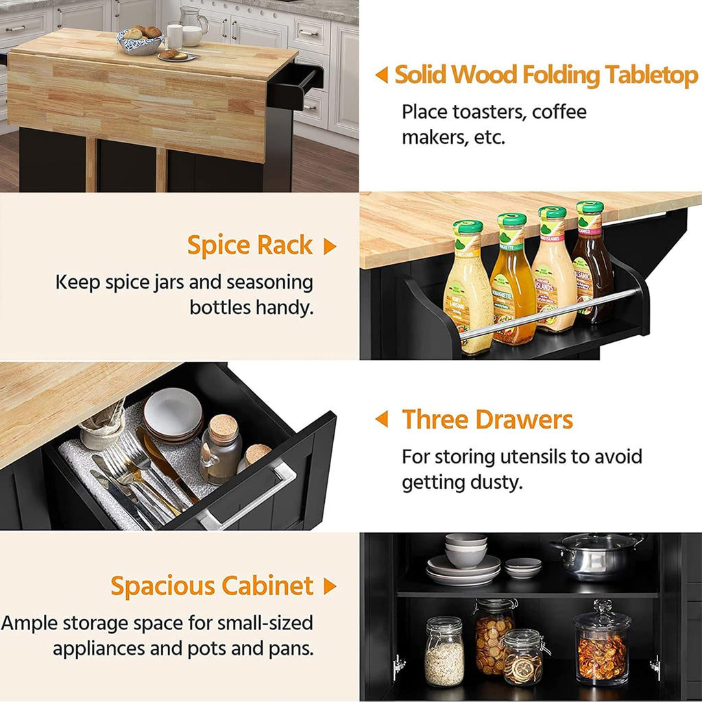 Kitchen Island with Extensible Rubber Wood Table Top Kitchen Bar Serving Cart Mobile Microwave Cart with Spice Rack and Handle Large Trolley Cart Kitchen Bakers Rack with Drawer and Storage Cabinet