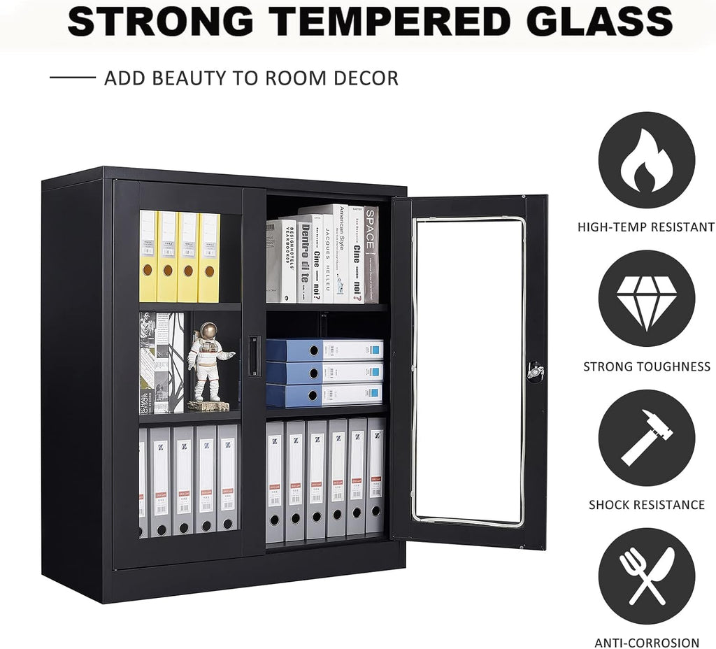 SISESOL Black Metal Storage Cabinet with Doors and Shelves,36 inch Locking Display Cabinet with Acrylic Doors,Office Cabinets with Lock,Sideboard Cabinets for Home Office,Living/Dining/Utility Room,