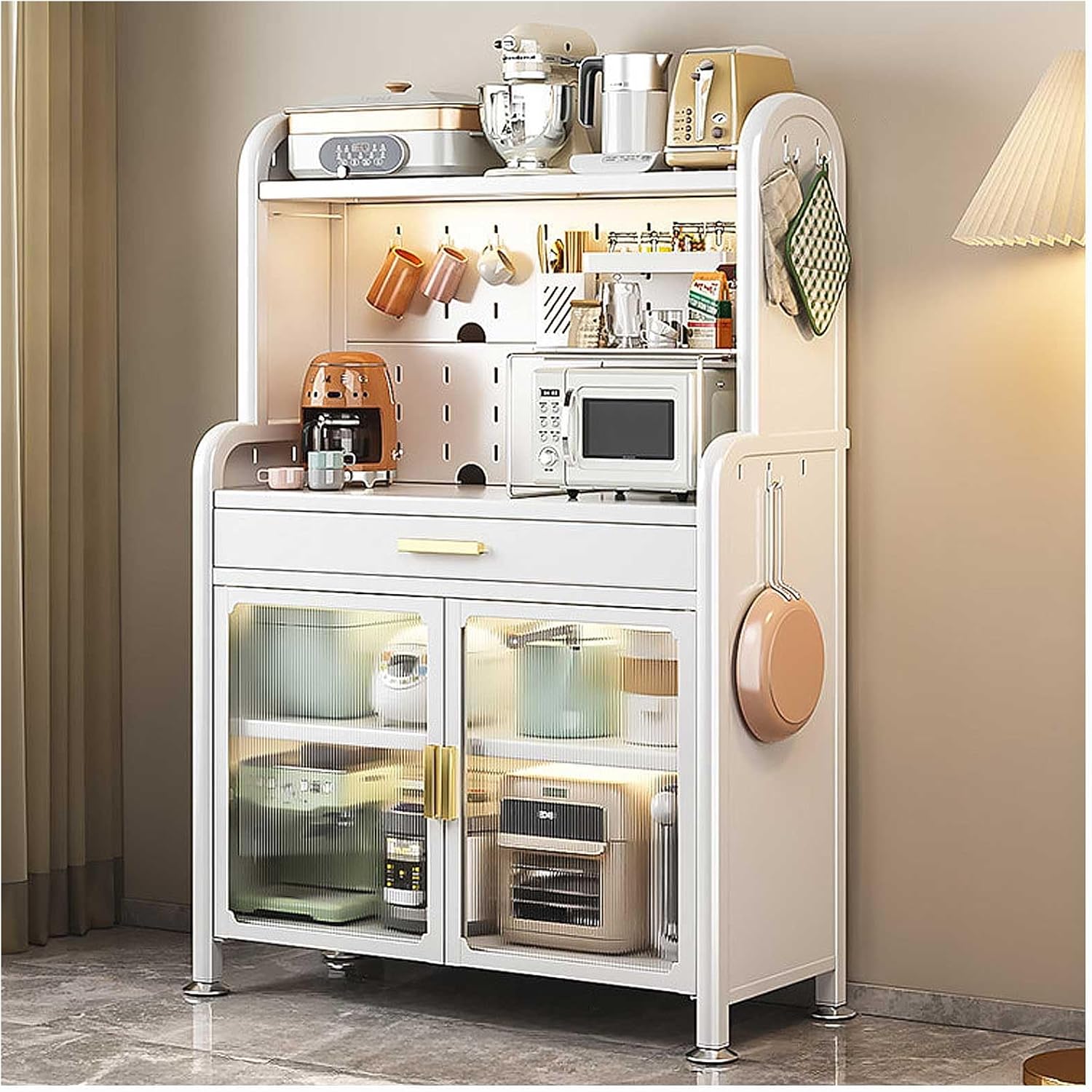 White 5 Tier Kitchen Bakers Rack with Drawer and Adjustable Shelf Microwave Stand and Utility Storage Shelf for Kitchen Organization and Space Saving.