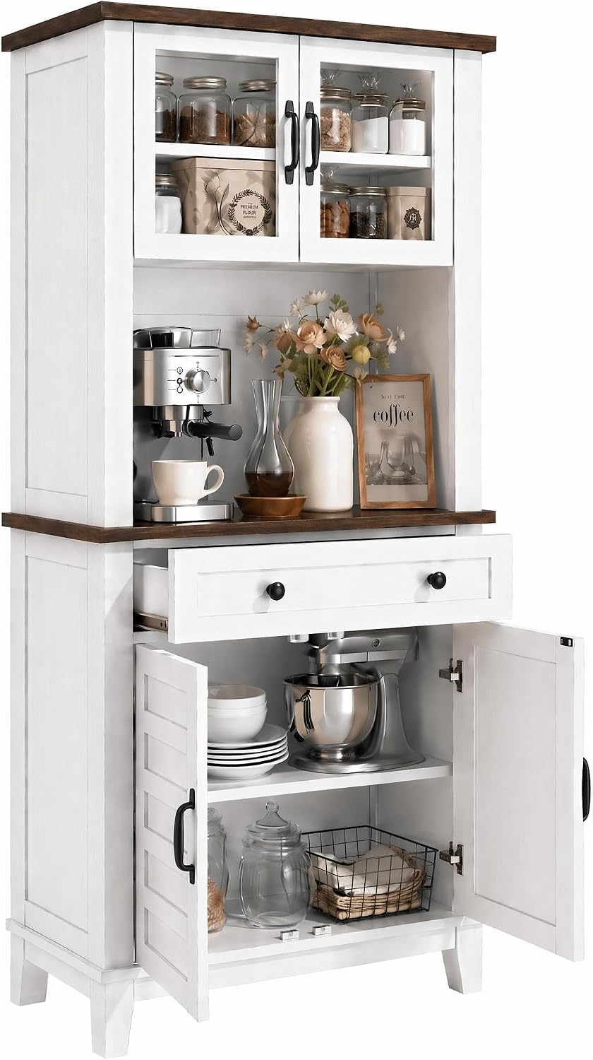 GarveeHome 72' Kitchen Pantry Storage Cabinet, Kitchen Hutch Cabinet with Storage, Microwave Stand with Drawers & Glass Doors, Pantry cabinets for Kitchen, Dining Room, Living Room, Light White