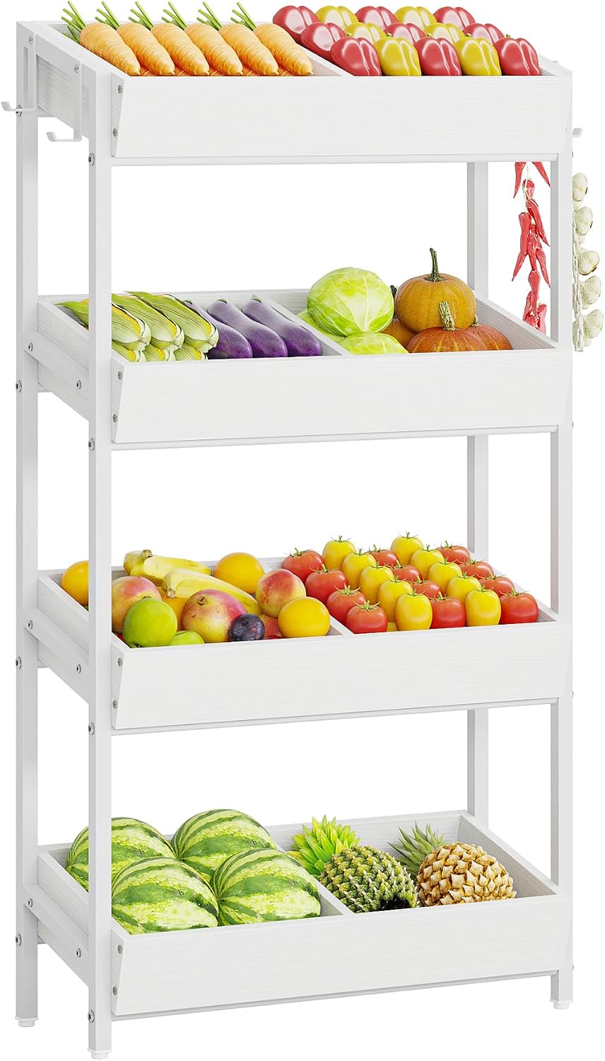 Tribesigns Wood Fruit and Vegetable Basket Stand Rack for Kitchen, Office, Store, Supremarket, Pantry Shelf Unit for Snacks, 4-Tier Wooden Utility Storage Shelves Set of 2 (White)