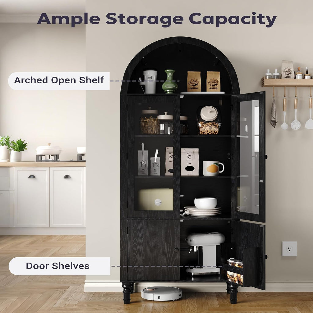 Furnify 71' Tall Arched Pantry Cabinet, Modern Kitchen Storage Cabinet with Doors, 3 Adjustable Shelves, Door Shelves, Organizer, Versatile Cupboard for Kitchen, Bathroom, Black