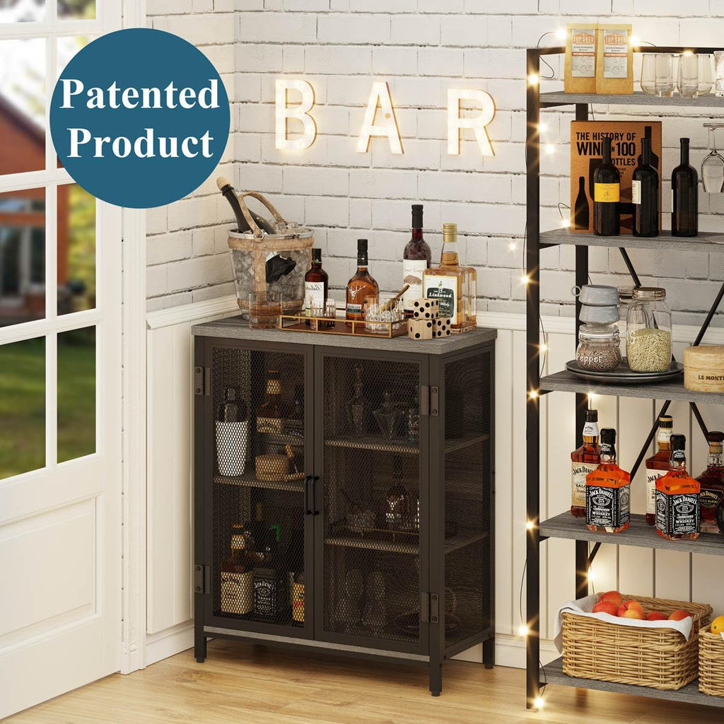 BON AUGURE Small Coffee Bar Cabinet with Storage, Farmhouse Liquor Cabinet for Home Coffee Station, Wood Sideboard Buffet with Doors for Kitchen, Dining Room, Living Room, Dark Grey Oak