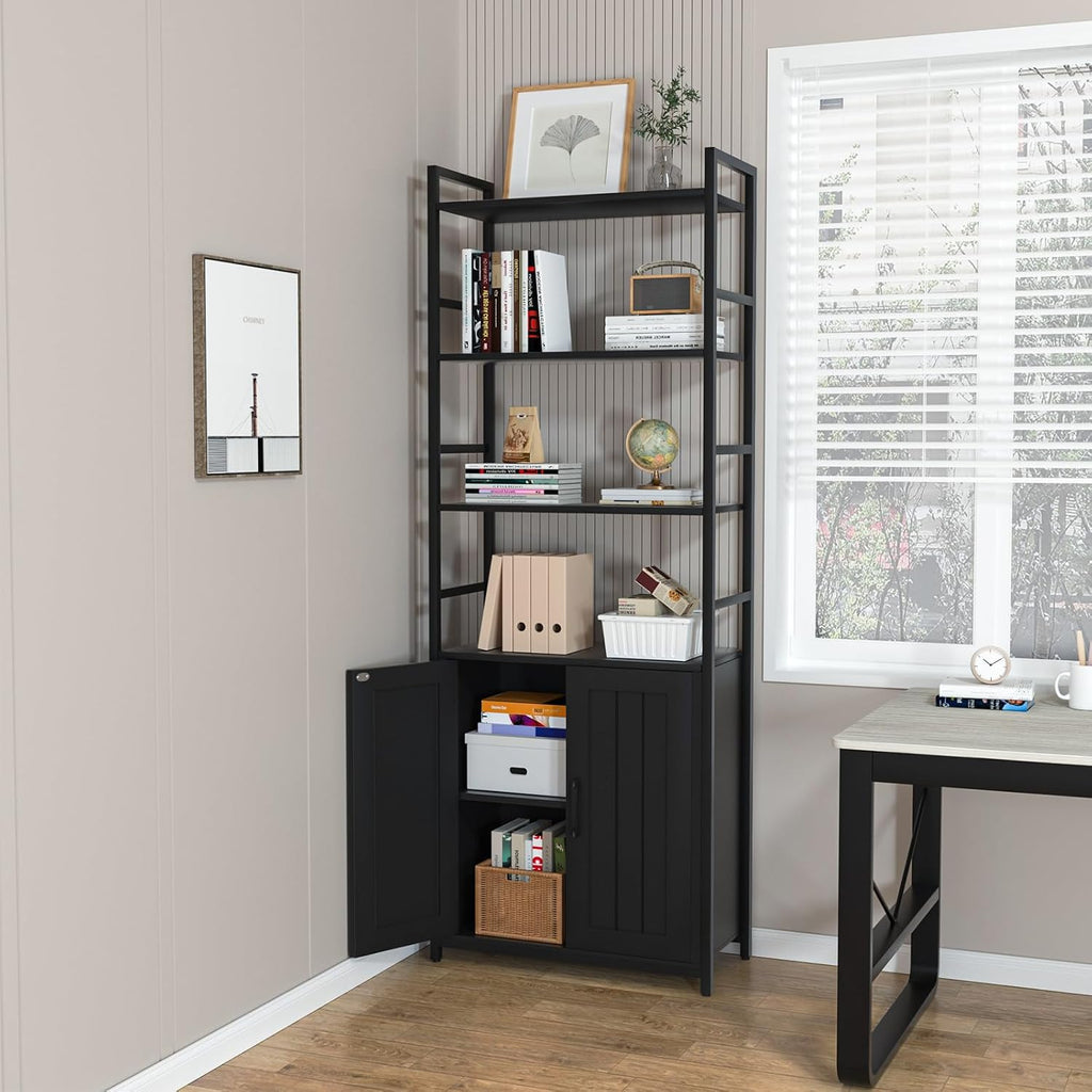 Lazyvan Black Bookshelf with Doors,70' Tall Bookcase with Storage Cabinet,6 Tier Book Shelf for Living Room/Bedroom/Office/Kitchen,70'(H)*26'(L)*11.8'(W)
