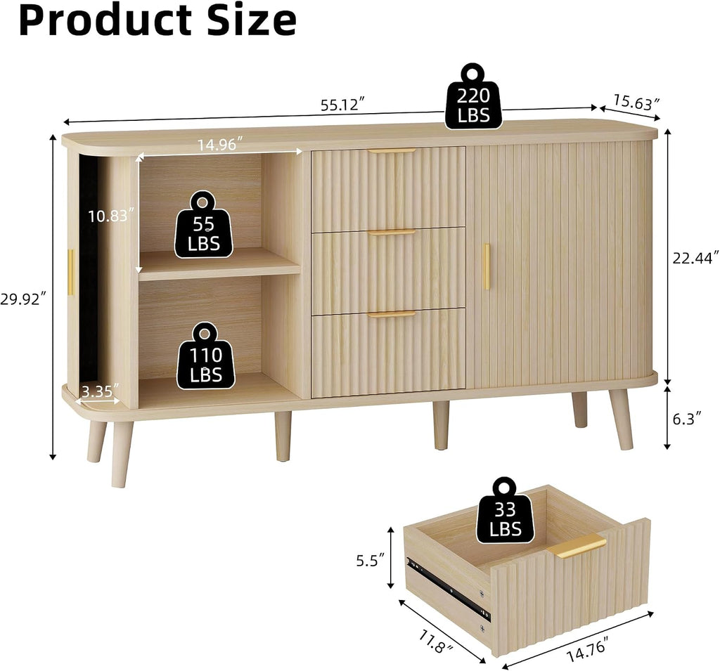 Lulive Natrual Buffet Cabinet, 55' Wide Sideboard Buffet Storage Cabinet with Rolling & Sliding Doors, Modern Bar Cabinet for Kitchen & Dining Room