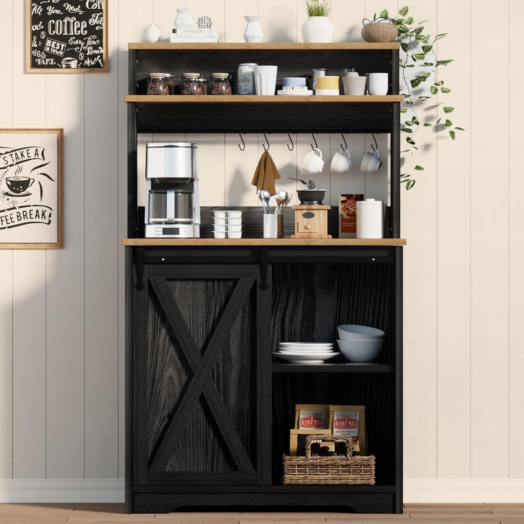 BestHaped Farmhouse Coffee Bar with 3 Tier Storage Hutch, 56 Inch Small Bar Station with 6 Hooks, Corner Table with Adjustable Shelves for Living Dining Room Black