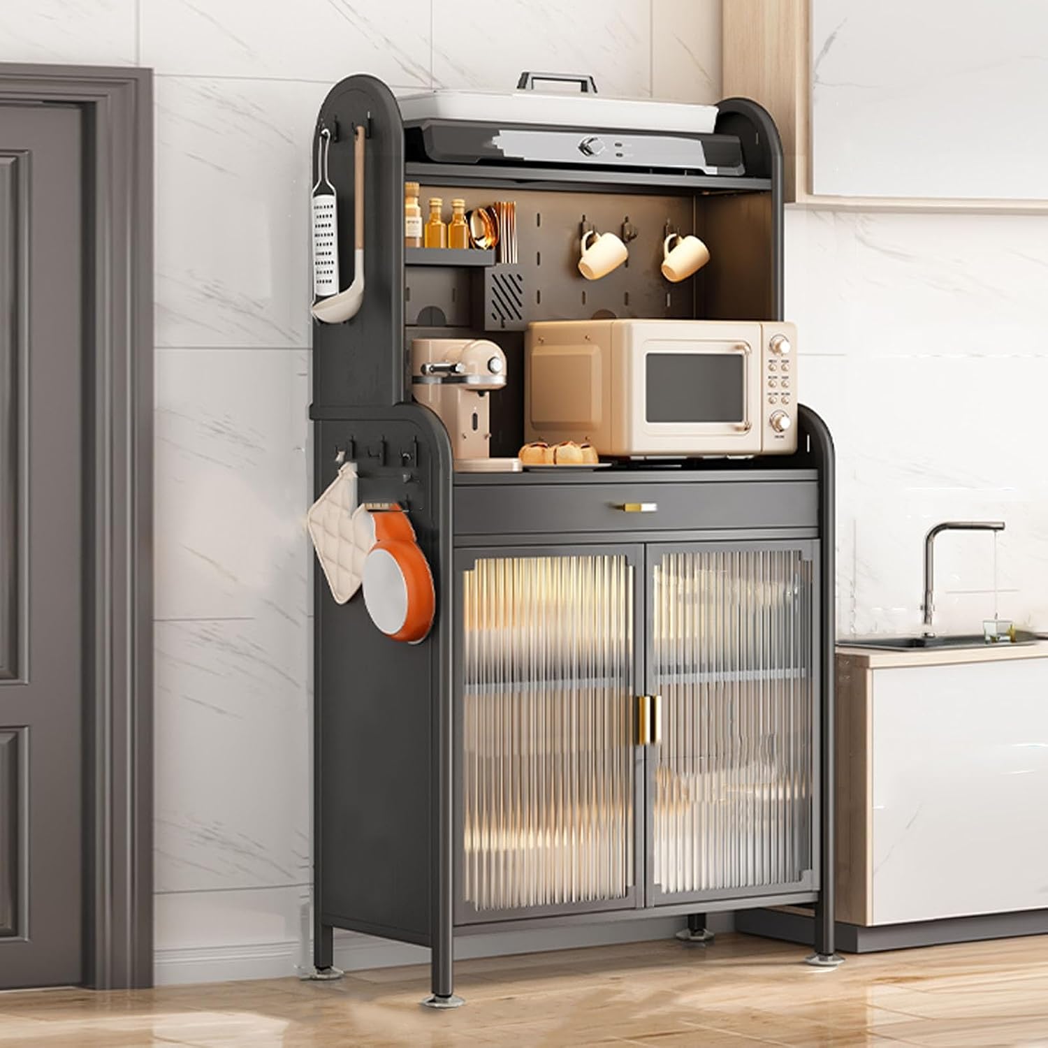 4-Tier Kitchen Storage Cabinet with Drawer, Baker's Rack & Pegboard Accessories, Versatile Pantry Organizer for Home, Garage & Kitchen - Ideal for Spices, Pots & Pans