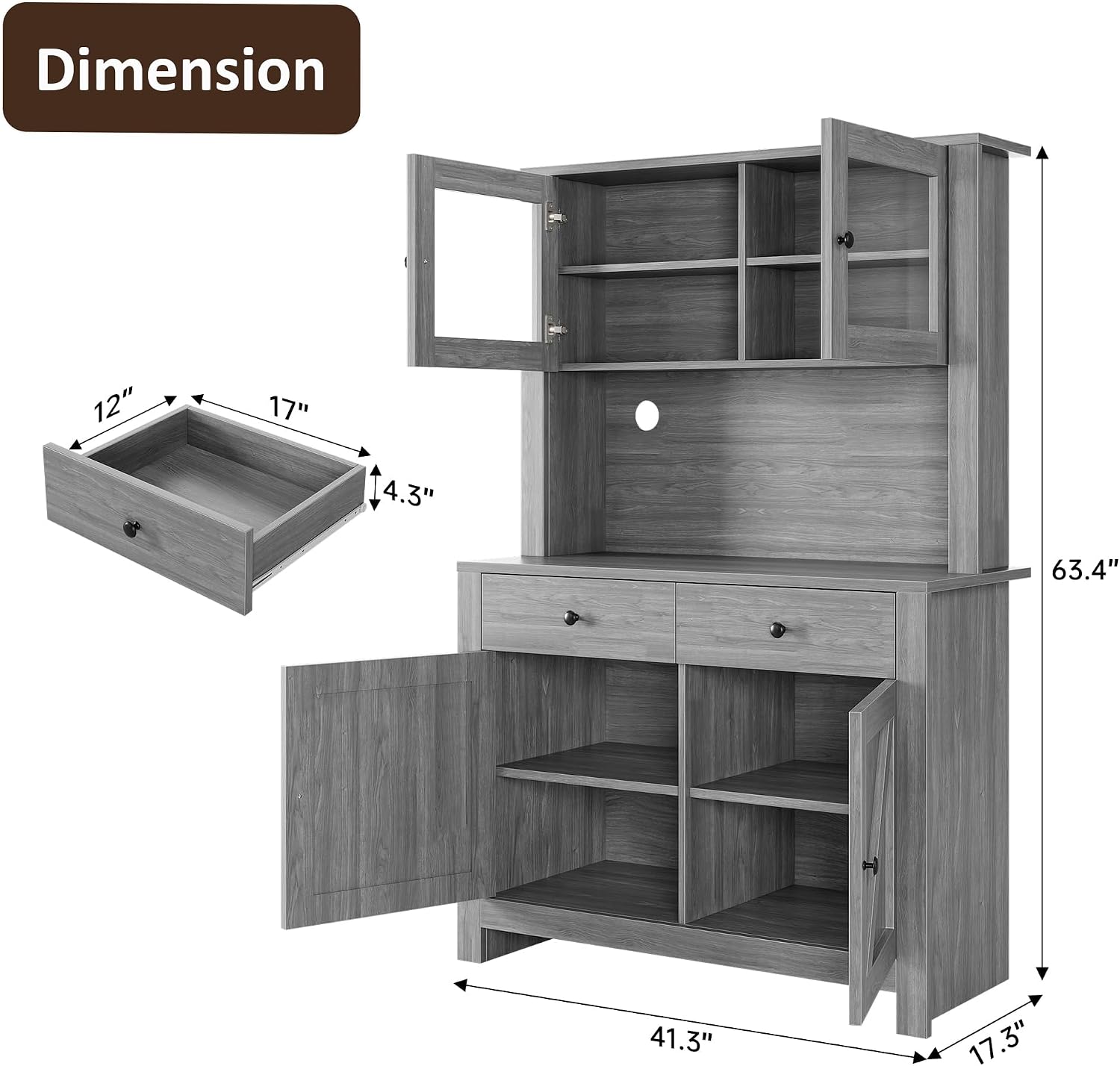 IDEALHOUSE 63' Kitchen Pantry Cabinet with Drawers, Hutch Cabinet with Storage, Microwave Stand, Adjustable Shelves, Freestanding Tall Pantry Storage for Dining Room, Living Room, Grey
