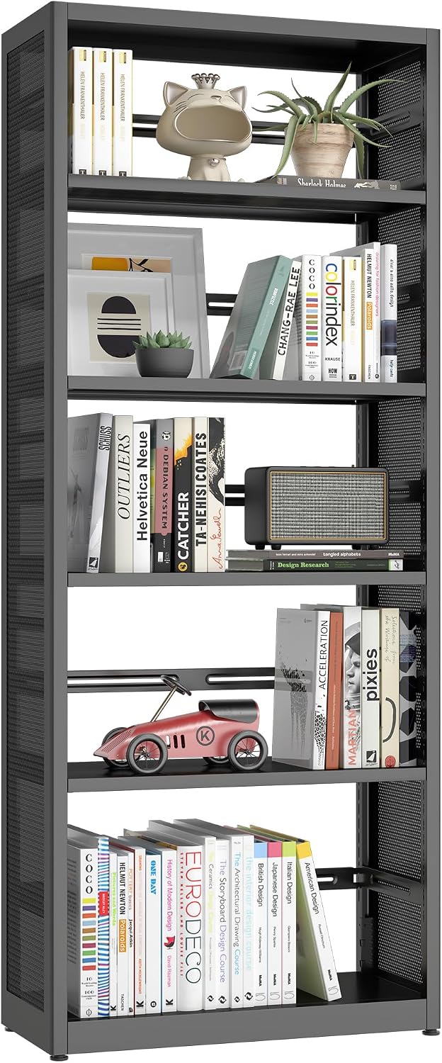 5 Tiers Bookshelf Tall Bookcase Shelf Storage Organizer Book Rack Utility Metal Shelf Adjustable Garage Shelving Organizer Rack for Kitchen Laundry Garage Bathroom Pantry Office 68' H*28' W*13' D