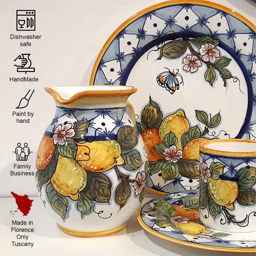 Italian Ceramic Pitcher Lemon - 33 oz Hand Painted Utensil Holder Or Carafe Design for Kitchen - Made in ITALY Tuscany - Italian Pottery Vase Jar for Wine - Home Decor Ceramics Dispenser
