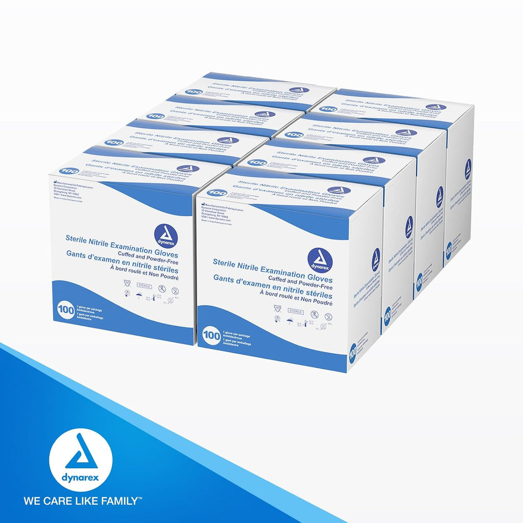 Dynarex Sterile Disposable Nitrile Exam Gloves, Powder-Free, Sterilely Individually Packaged, Textured Palms, Blue, Large, 1 Case - 8 Boxes of 100