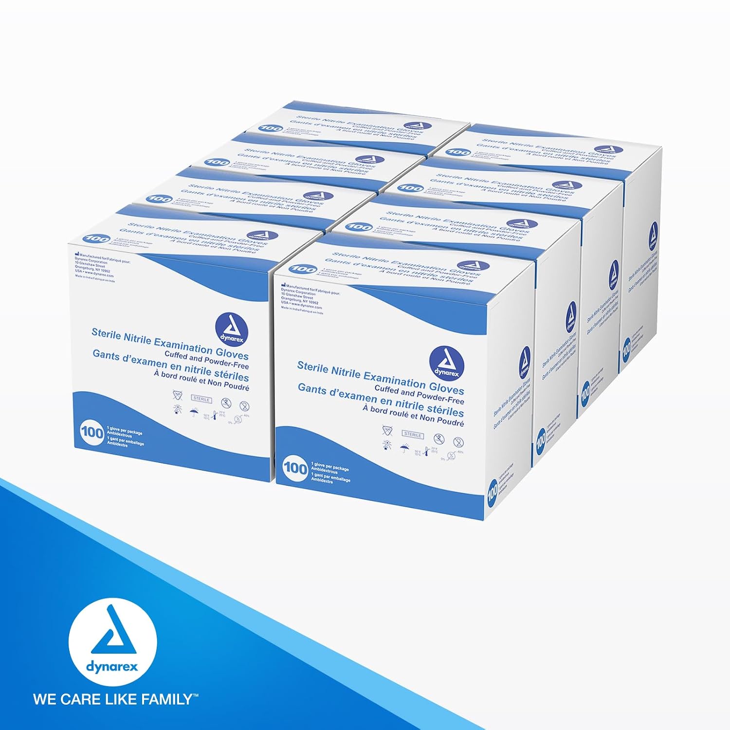 Dynarex Sterile Disposable Nitrile Exam Gloves, Powder-Free, Sterilely Individually Packaged, Textured Palms, Blue, Large, 1 Case - 8 Boxes of 100