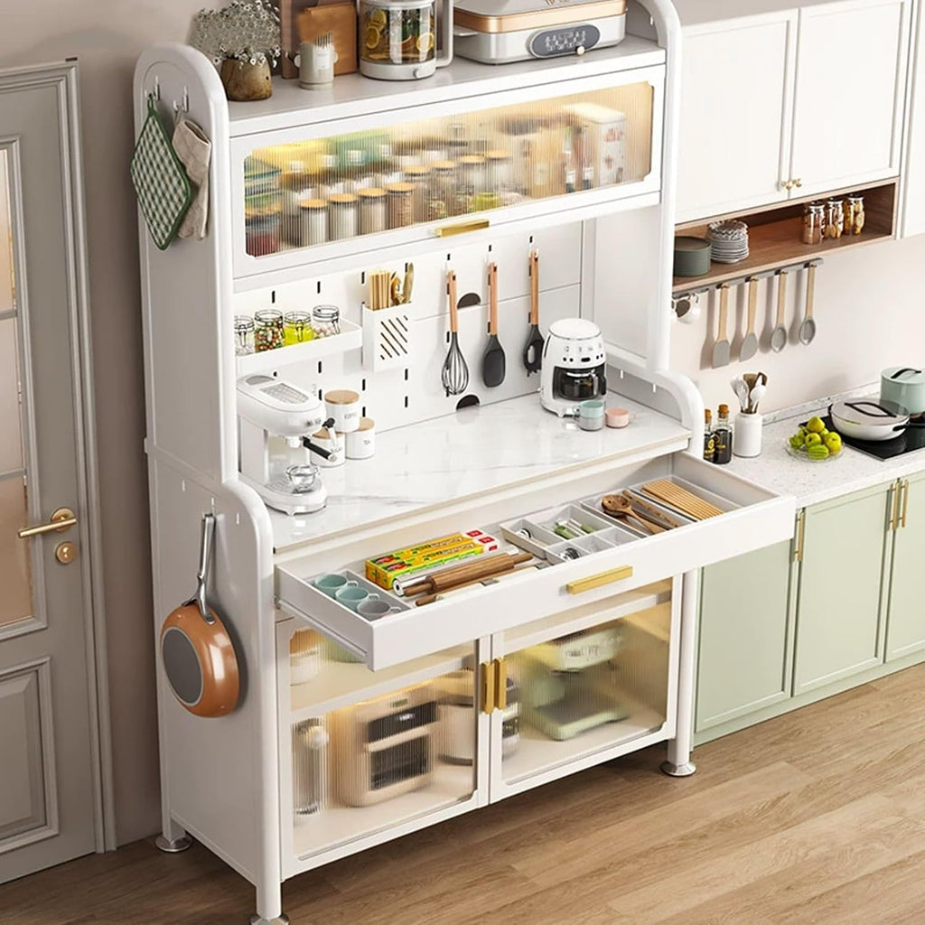 5-Tier Kitchen Bakers Rack with Drawers, Microwave Oven Stand With Storage Shelves, with Hooks*8, Storage Box*1, Chopstick Box*1(80cm)