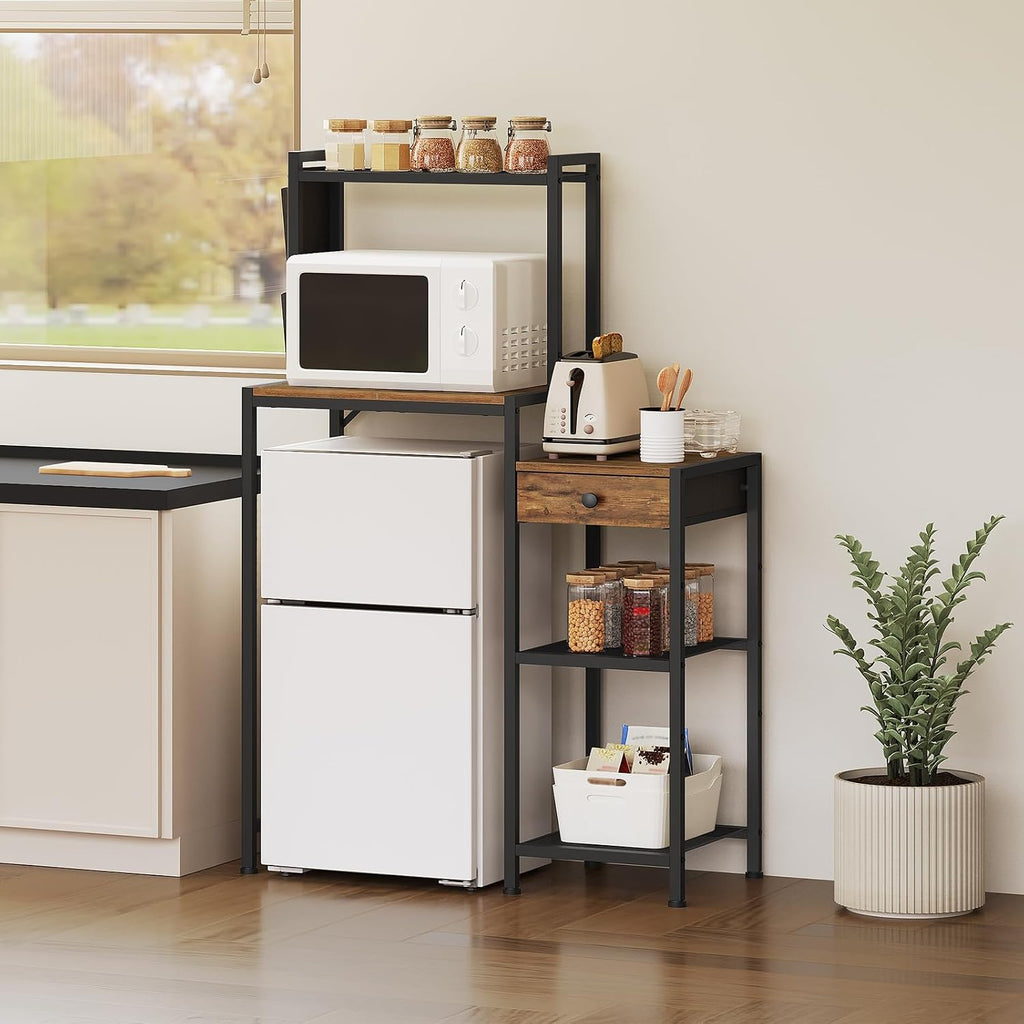 MAHANCRIS Bar Cart for Home and Fridge Stand Bundle, Bakers Rack with Refrigerator, Microwave Stand with Storage, Coffee Bar Station with 1 Drawer, Storage Shelf for Kitchen, RCJ61B01-RSHR5401