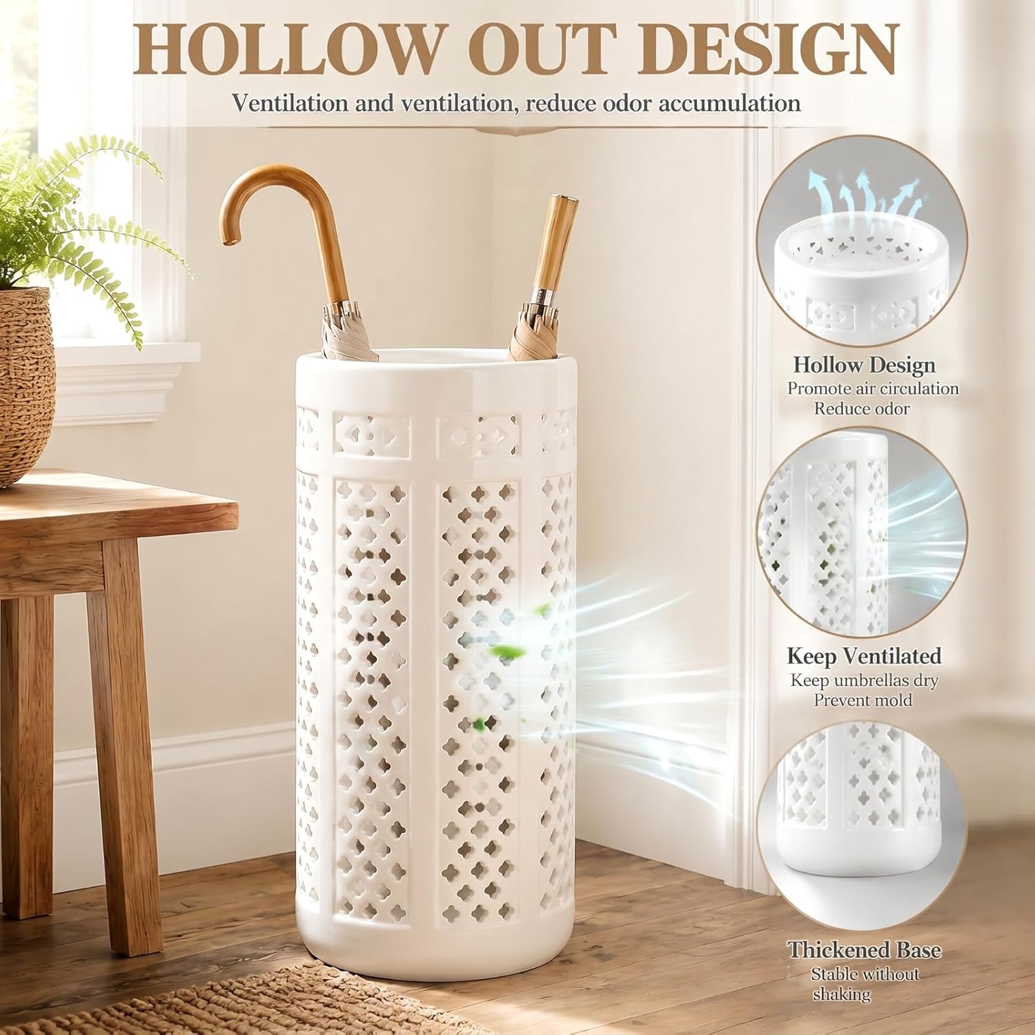 Sawysine White Ceramic Umbrella Stand with Hollow-out Design Heavy Porcelain Umbrella Holder for Entryway 17' Heavy Porcelain Holder for Umbrellas Canes Home Decor Walking Sticks