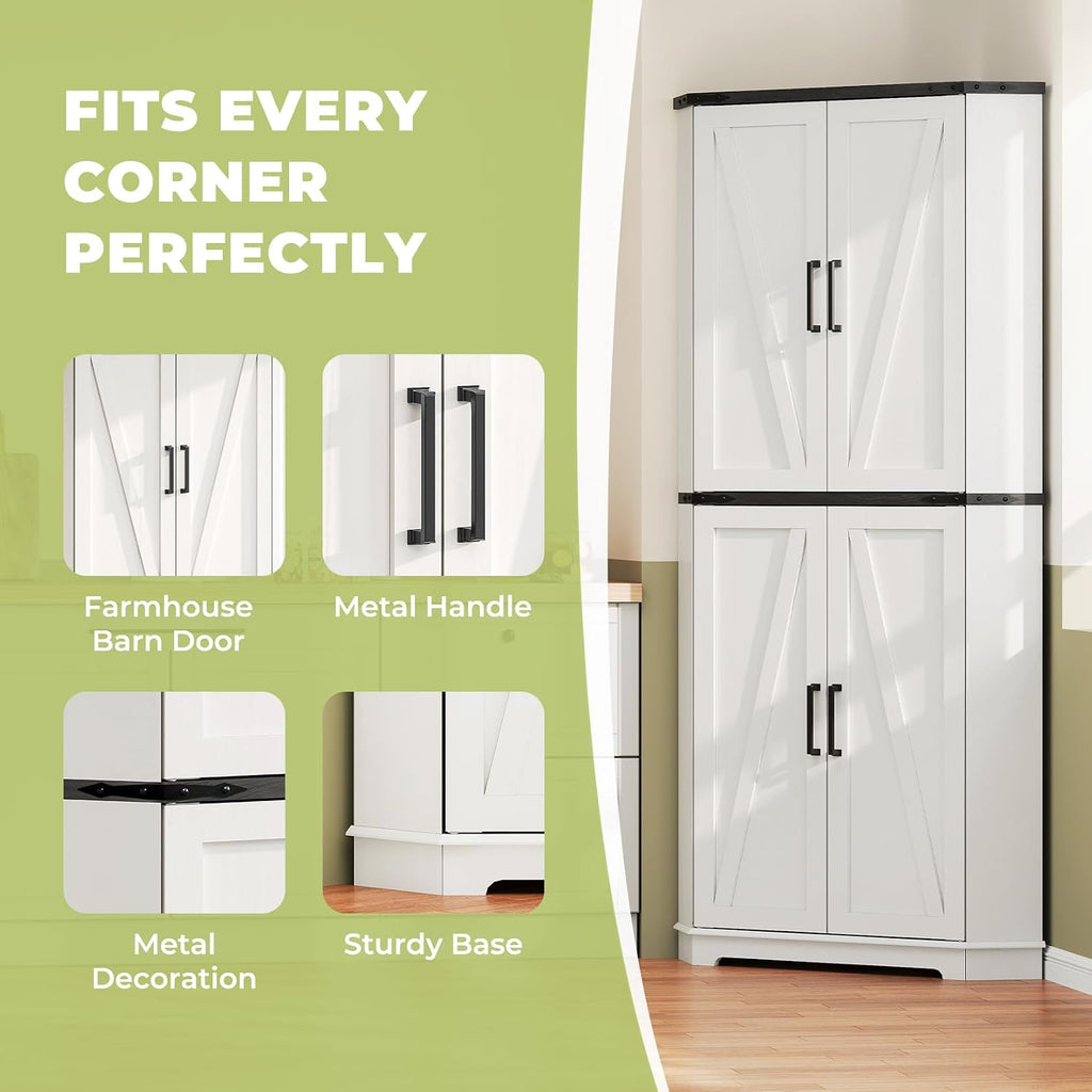 Dripex 71' White Farmhouse Corner Pantry Cabinet with LED Light, Tall Storage Cabinet with Doors & Adjustable Shelves, Food Pantry for Kitchen, Living Room, Dining Room
