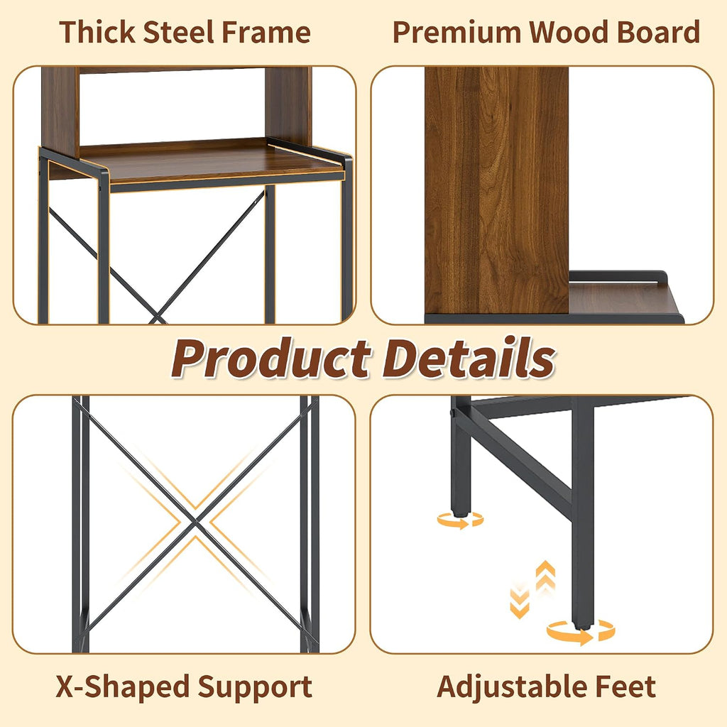 Mini Fridge Stand with Sliding Doors Storage, Microwave Stand and Baker's Rack with 6 Hooks, 4-Tier Mini Fridge Cabinet for Dorm, Home, Office, Kitchen, Walnut Wood