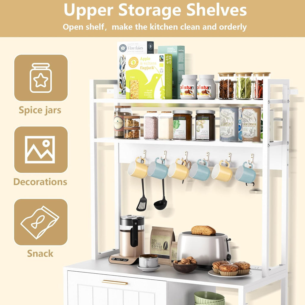 Kitchen Bakers Rack with Storage Shelf - 6-Tier Microwave Stand Oven Cabinet W/Tilting Trash Can Bin and Power Outlet, Farmhouse Thickened Coffee Bar Table Station W/6 Hooks&Adjustable feet
