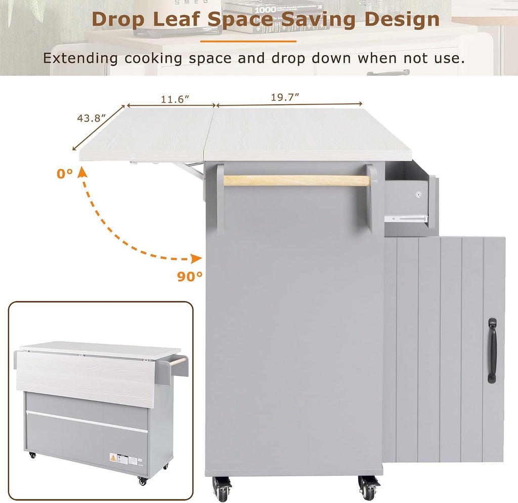 Rolling Kitchen Island Carton Wheels with Trash Can Storage Cabinet, Drop Leaf, Spice Rack, Towel Rack, Drawer, Adjustable Shelf for Dining Room Kitchens Grey