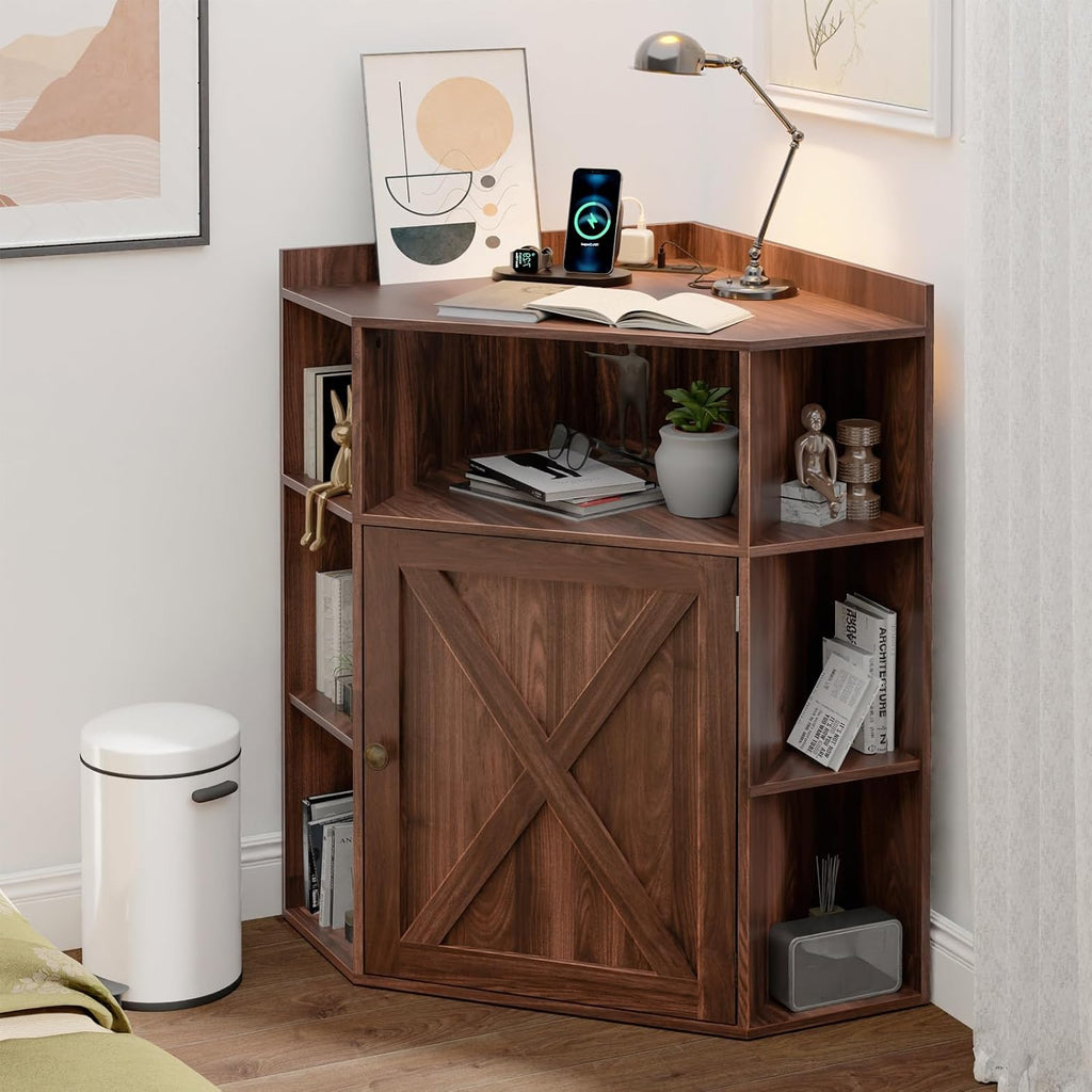 Vabches Corner Cabinet, Corner Storage Shelf with USB Ports and Outlets Industrial Organizer for Small Space Wooden 6-Cubby Bookshelf for Study, Playroom, Living Room (Walnut)
