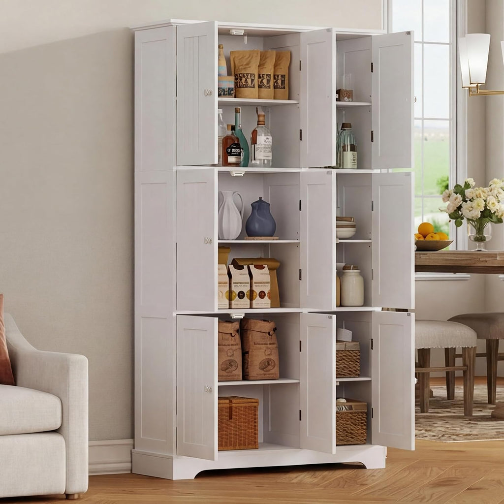 ChooChoo Bathroom Storage Cabinet with 9 Doors, Narrow Floor Cabinet with Adjustable Shelves, White Slim Pantry Cabinet for Kitchen, Bathroom, Laundry Room, Living Room